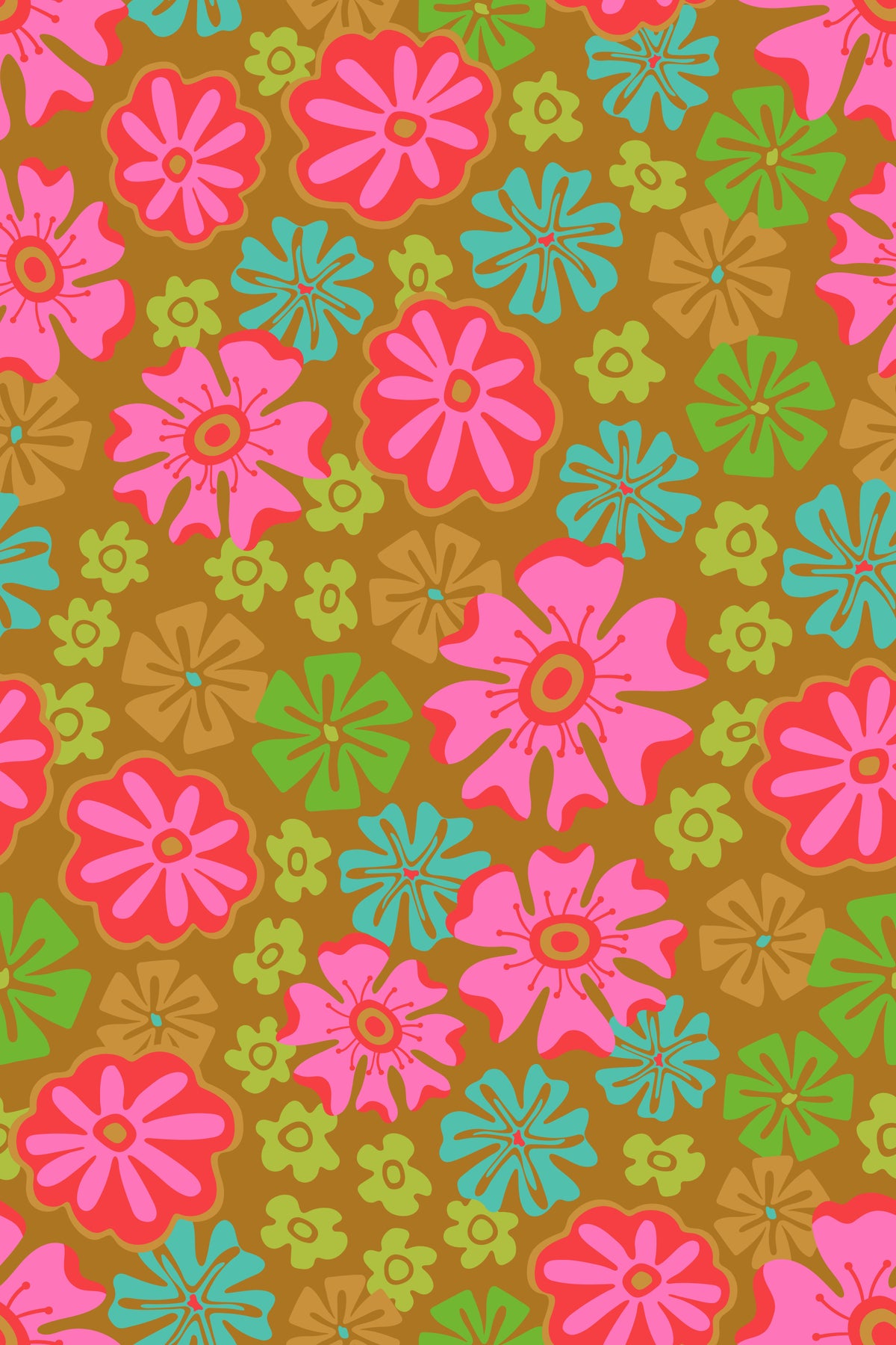 Lush Tropical Big Bloom Floral Bright Pink Red Green Blue Brown Wallpaper⁠ in your room — zoomed