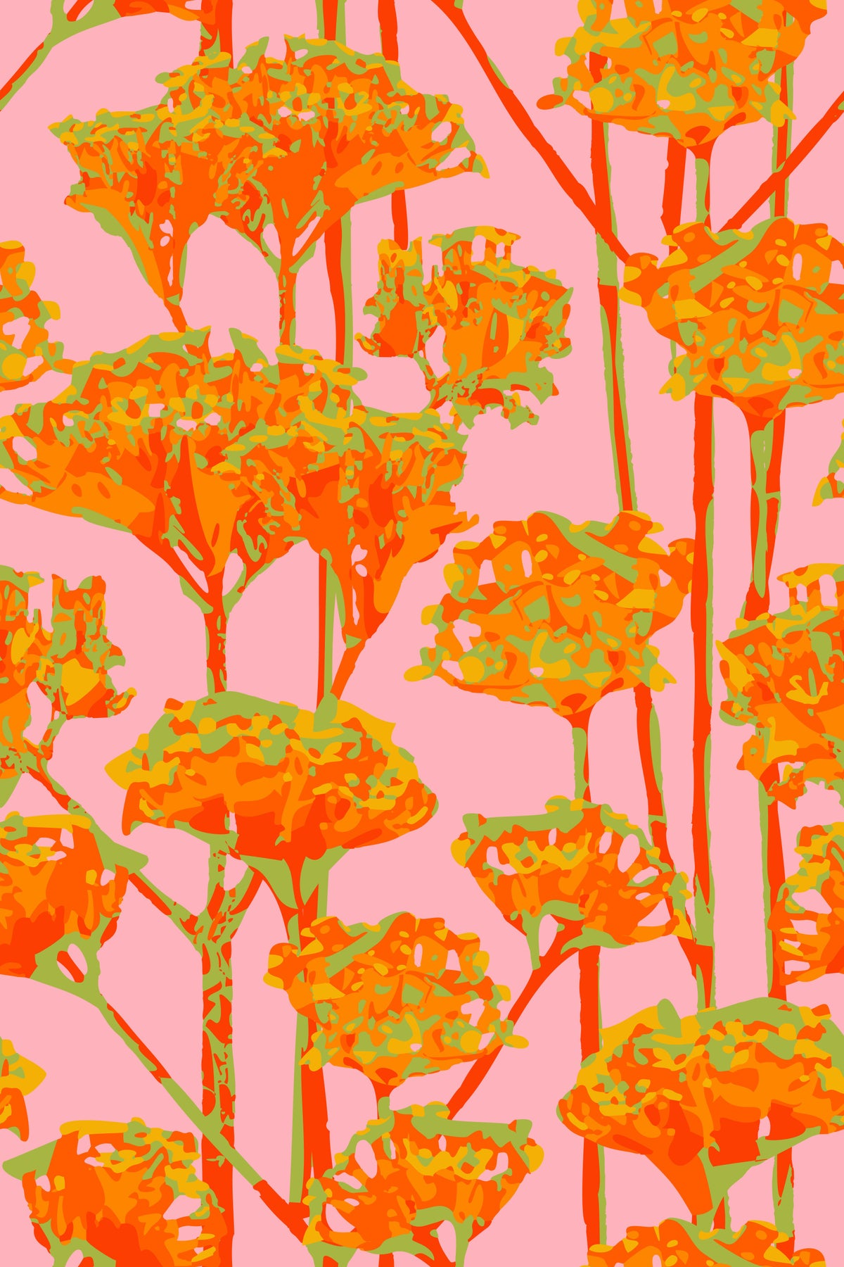Sunshiney Abstract Floral Summer Bright Botanical Coral Orange Orange Yellow Green BlushWallpaper⁠
