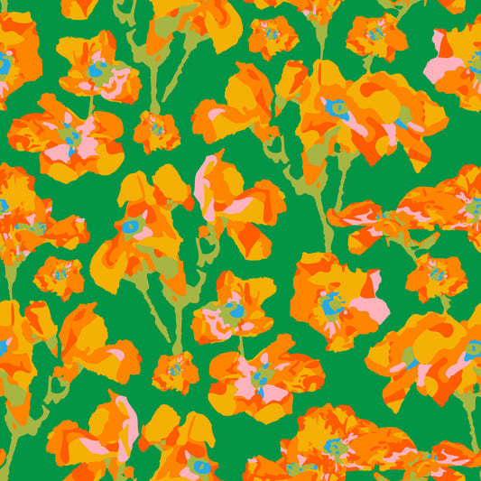 Wild Roses Abstract Floral Summer Bright Rose Garden Yellow Orange Blush Kelly Green Wallpaper⁠