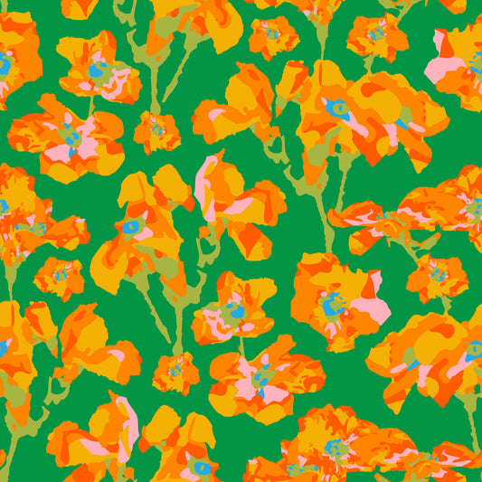 Vilda rosor abstrakt blommor sommar ljus rose trädgård gul orange rodnad kelly grön tapet⁠