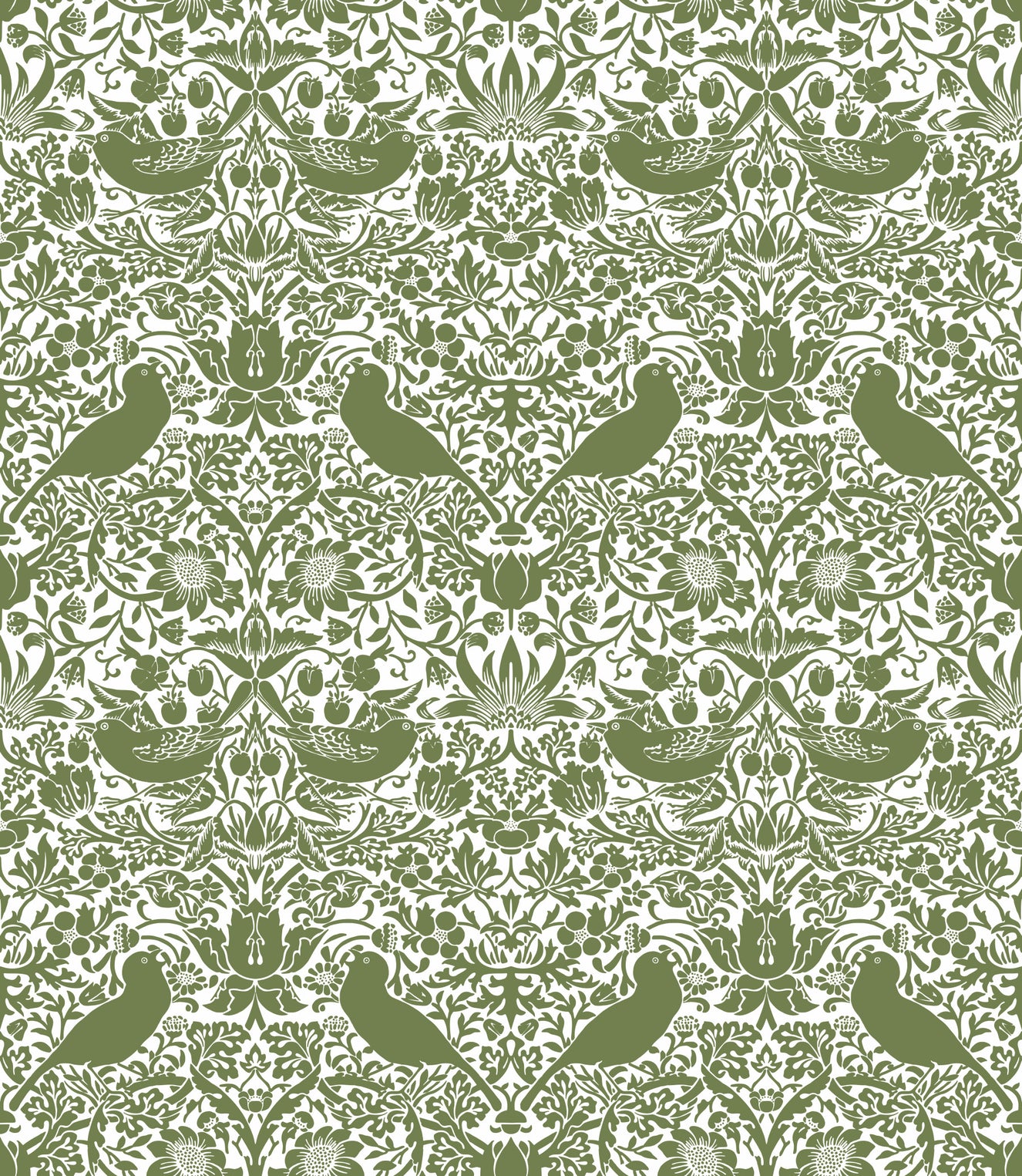 William Morris - The Strawberry Thief - Sage Green White Wallpaper⁠