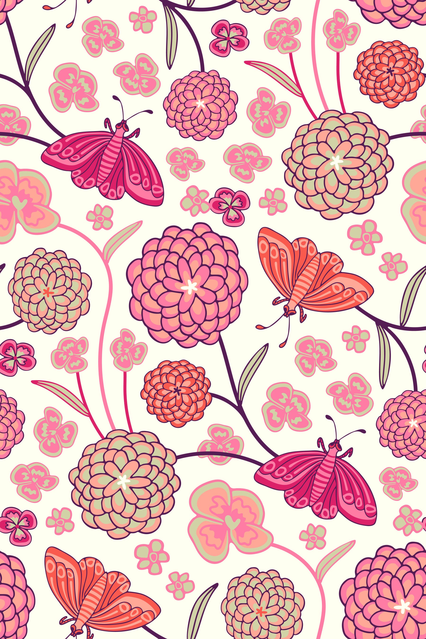 Precious Butterfly Floral Botanical Cottagecore Pink Coral Orange Blush Wallpaper⁠