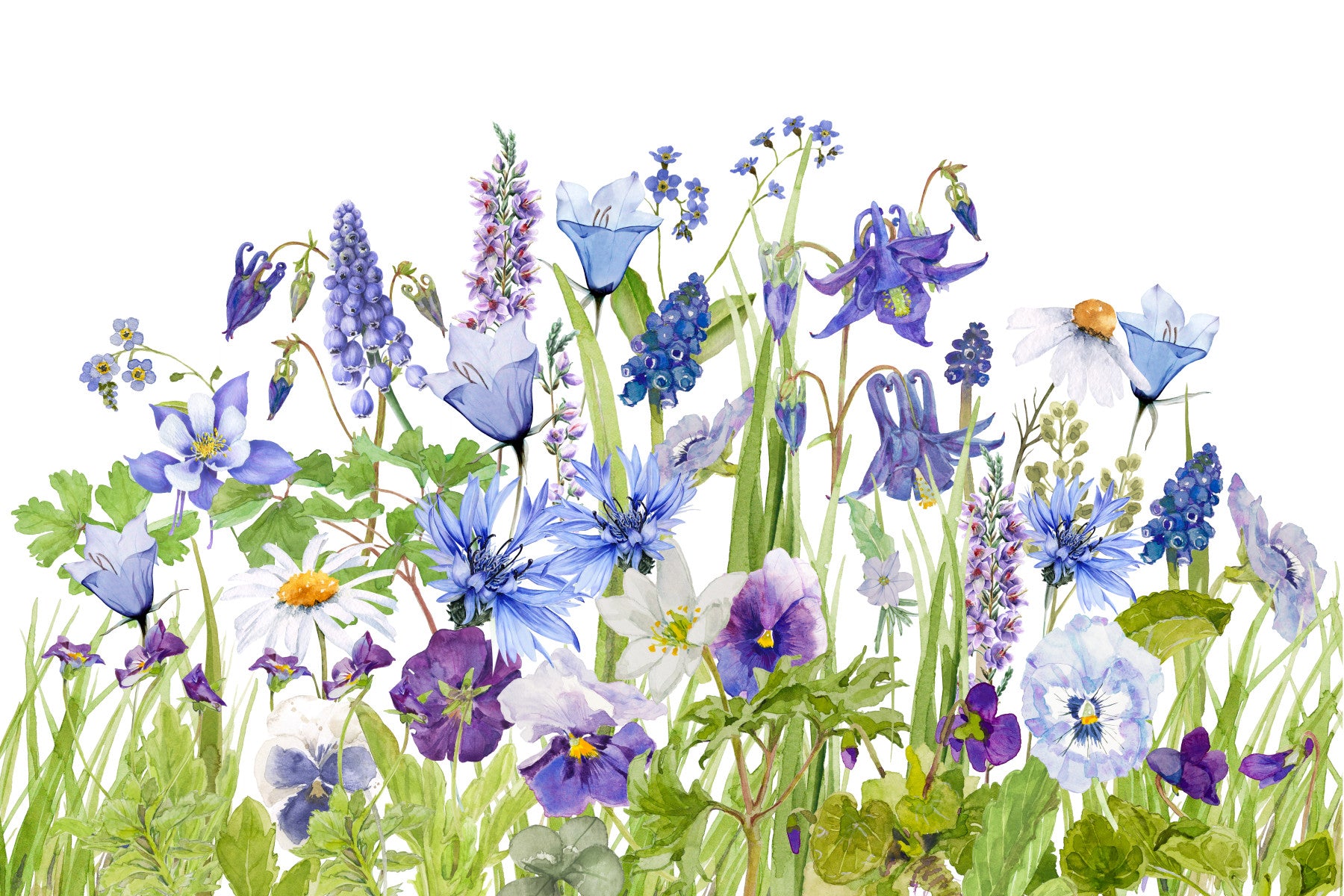 Wandbild einer blauen Aquarell-Wildblumenwiese