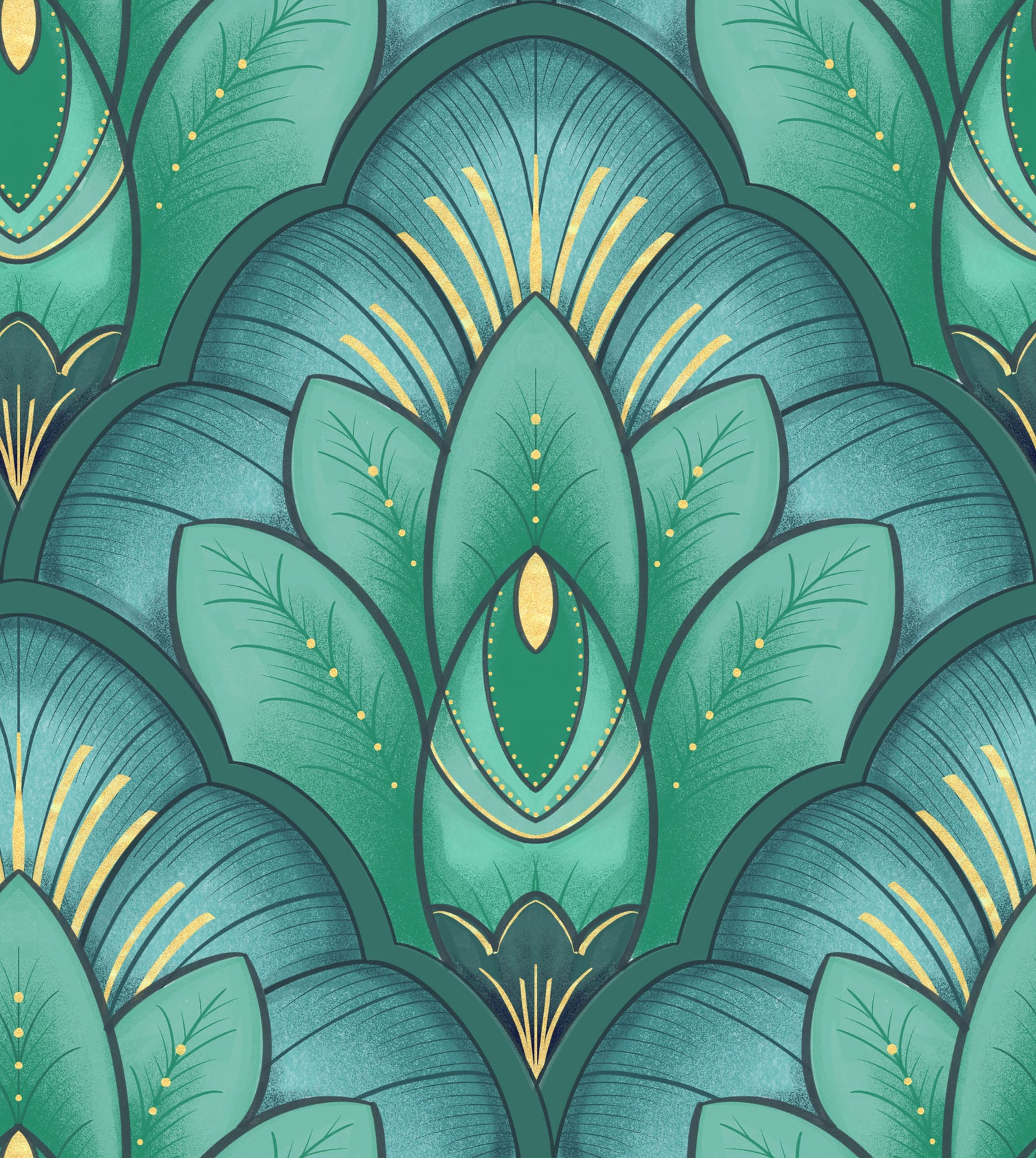 Papier peint Lotus émeraude Art déco