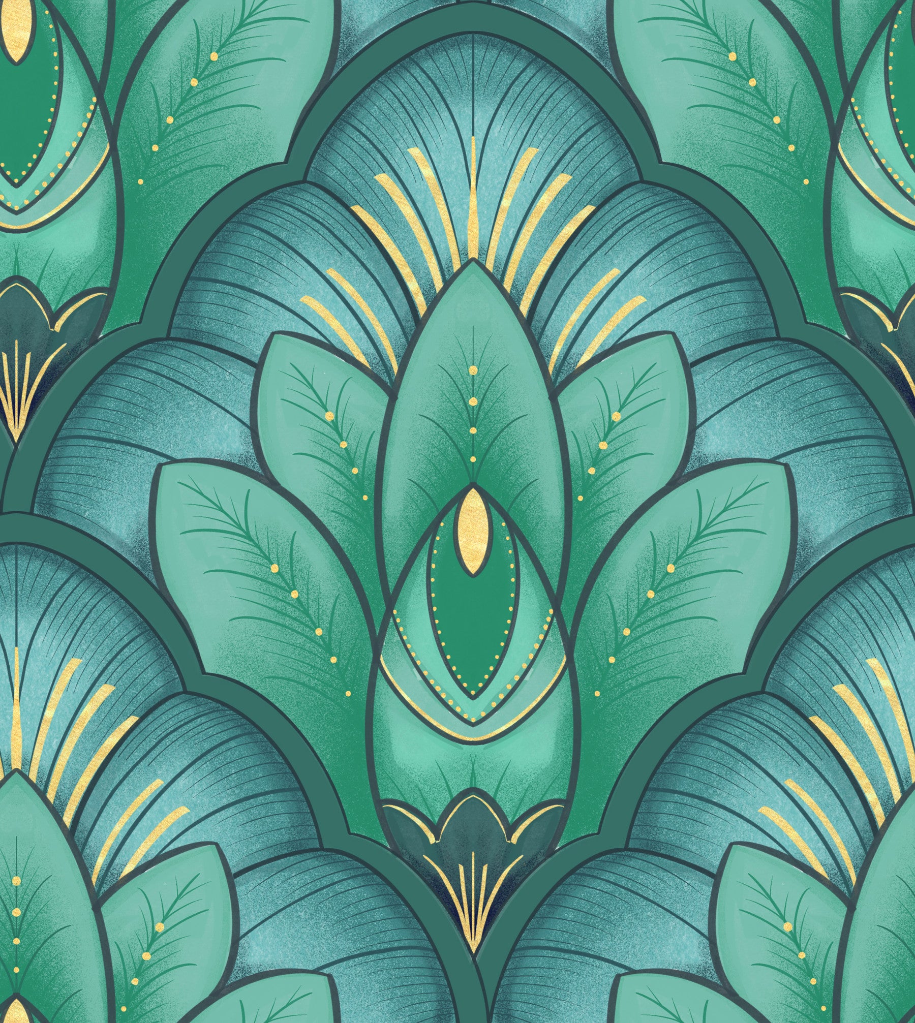 Papier peint Lotus émeraude Art déco