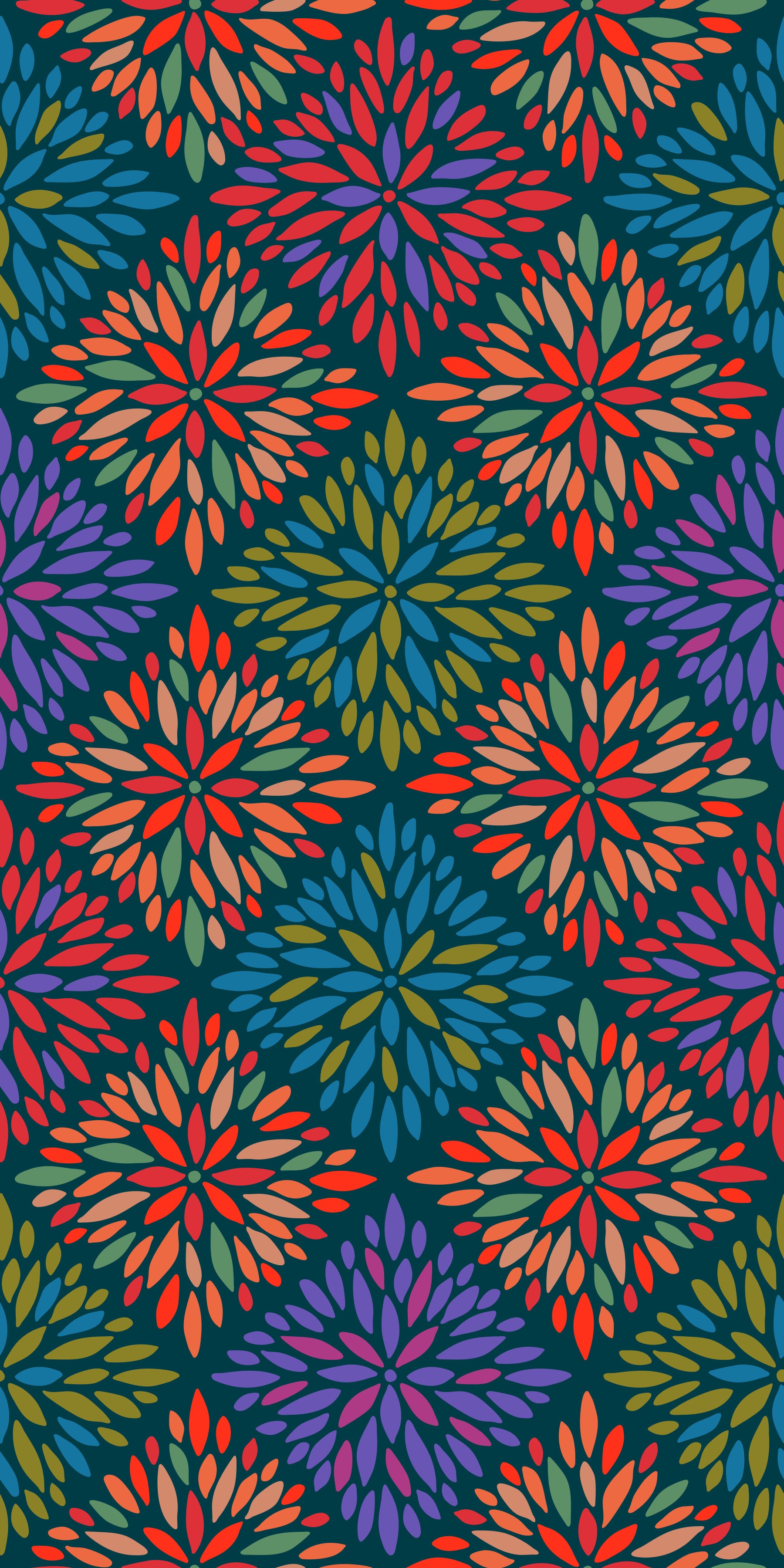 Dahlia Diamonds Bohemian Floral Damask Tiles Bright Jewel Tones on Dark Teal  Wallpaper⁠