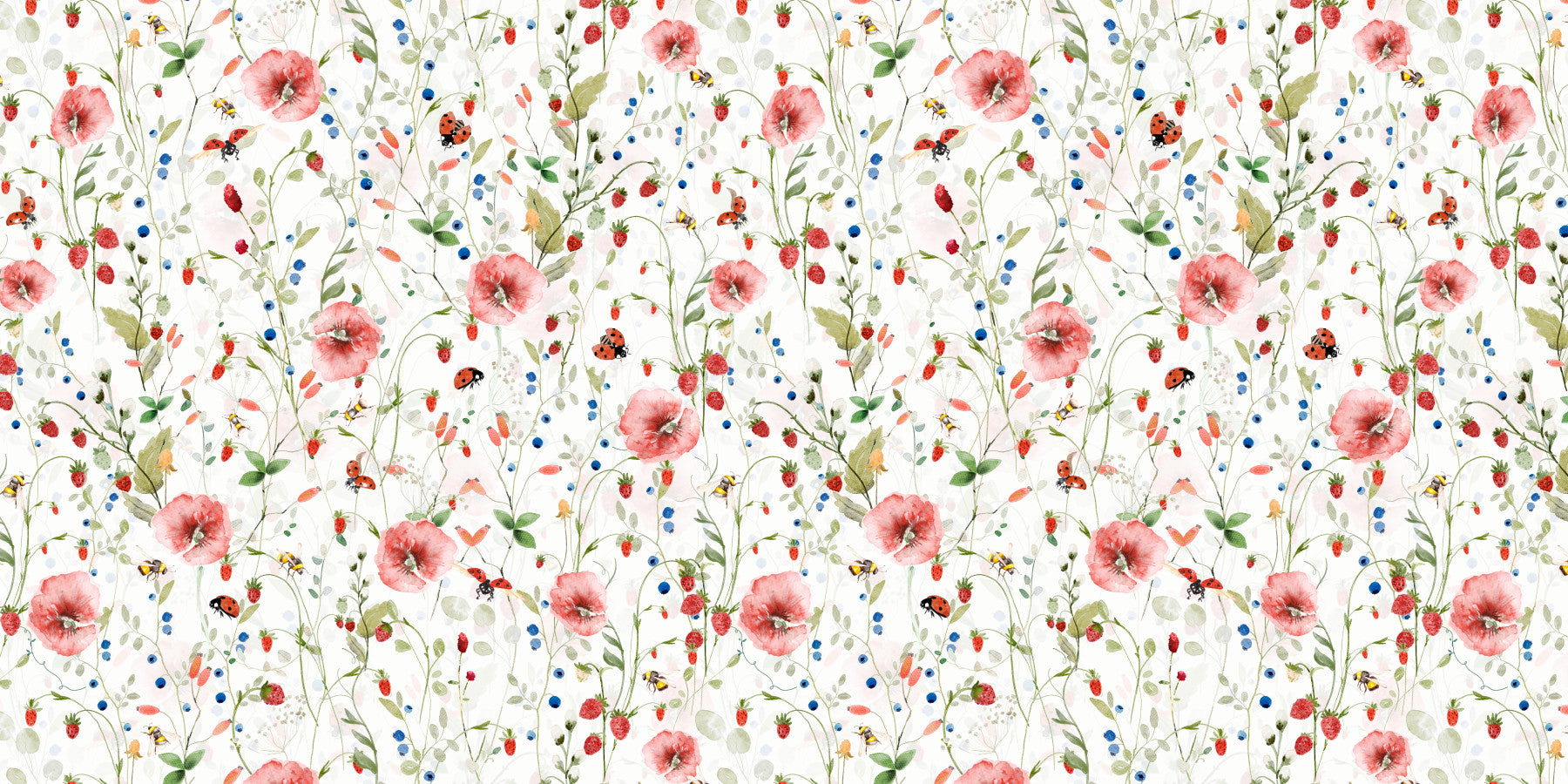 Scandinavian Watercolor Poppies Strawberries and Wild Berries Wall Mural