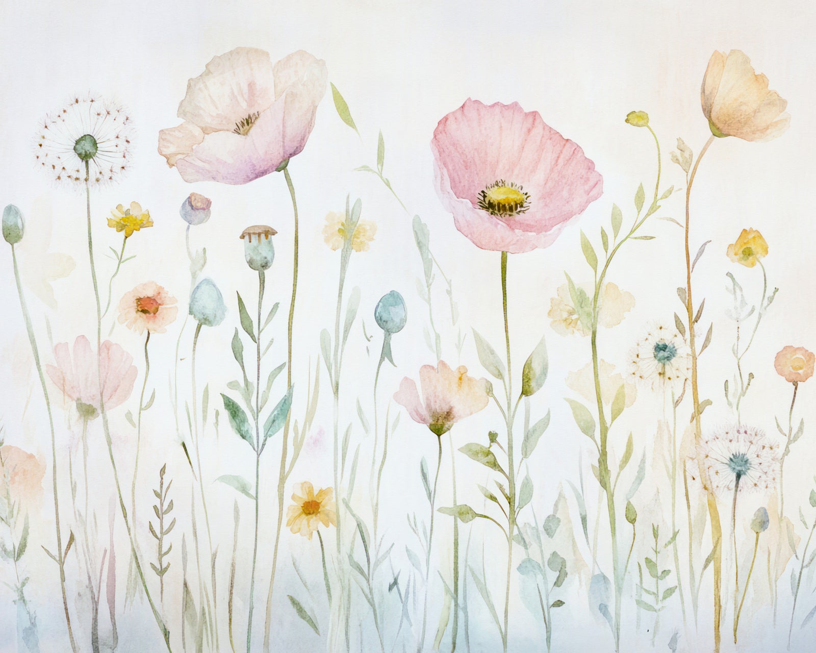 Scandinavian Watercolor Meadow Poppies with Gentle Wildflowers Wall Mural