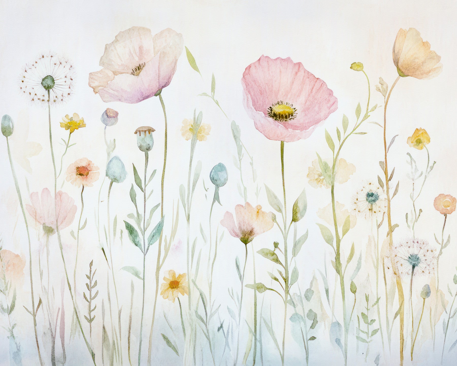 Scandinavian Watercolor Meadow Poppies with Gentle Wildflowers Wall Mural in your room — zoomed