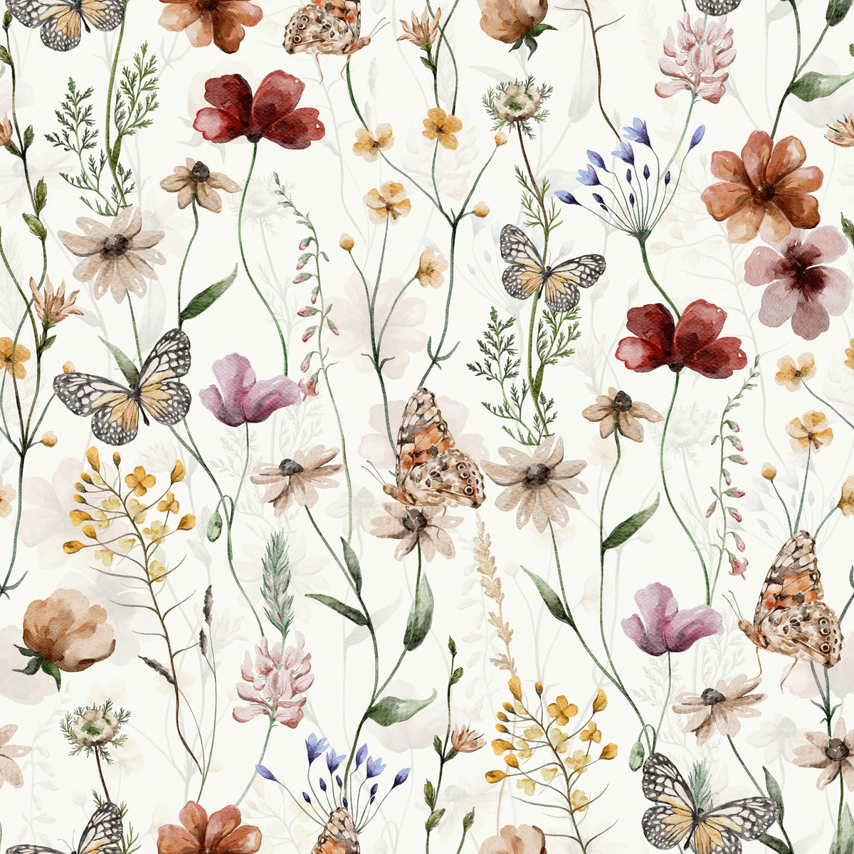 Scandinavian Watercolor Wildflower Meadow with Butterflies Wallpaper⁠