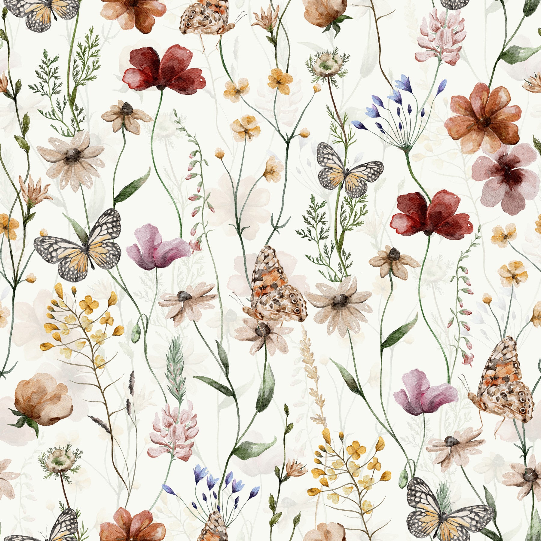 Scandinavian Watercolor Wildflower Meadow with Butterflies Wallpaper⁠