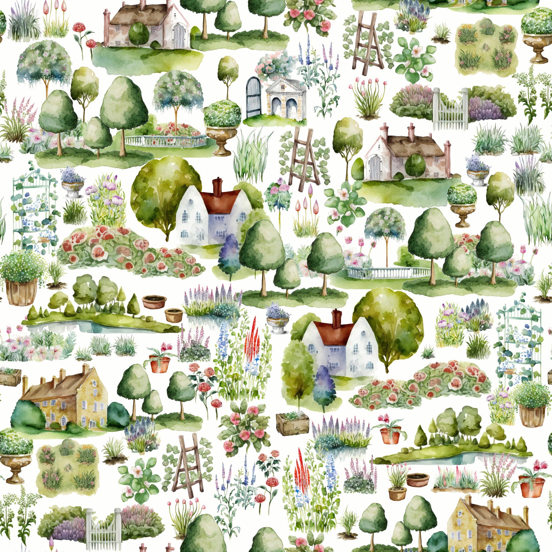 British Watercolor Countryside Cottage Garden Village Scene Wallpaper⁠