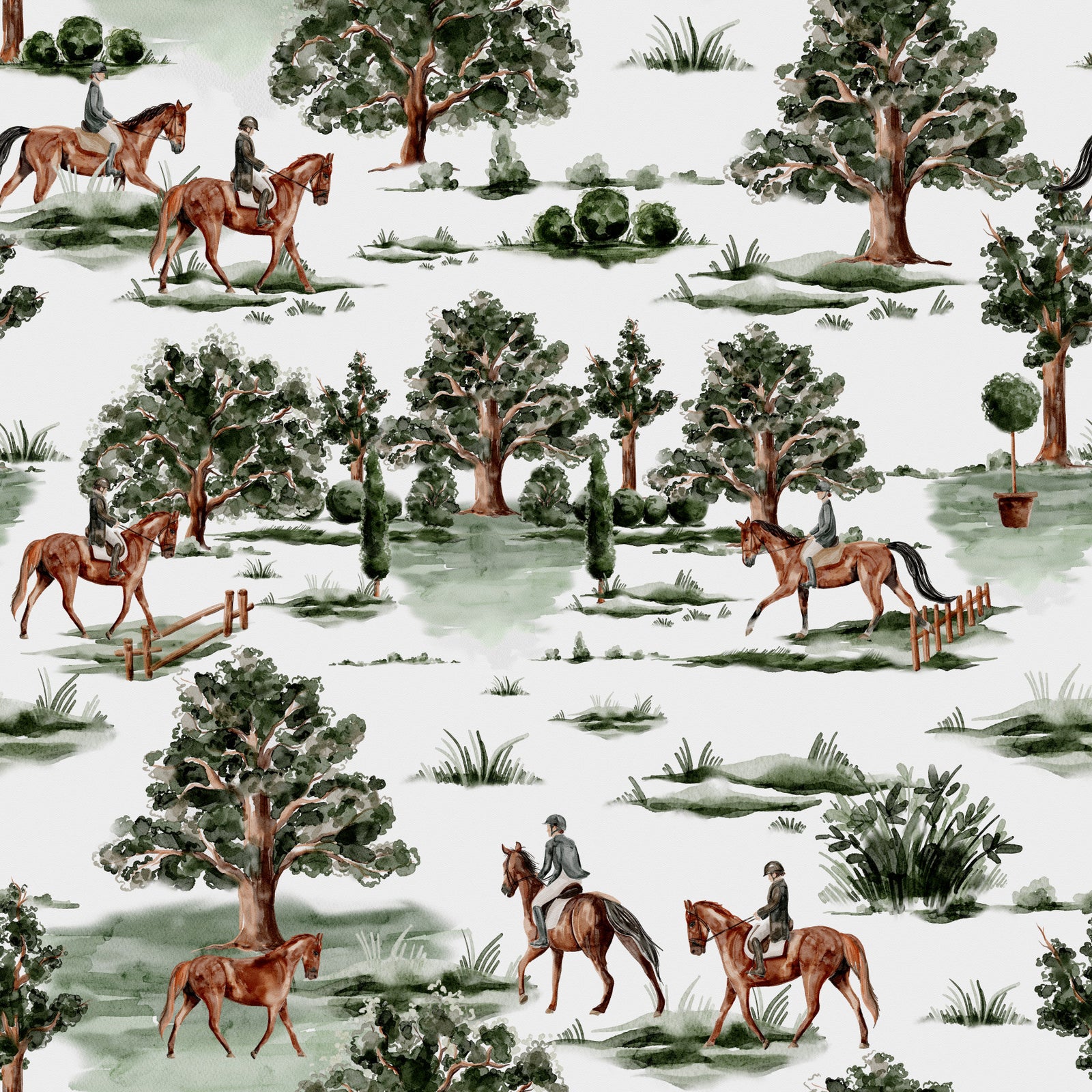 Papier peint campagne britannique chevaux et cavaliers dans un paysage vert