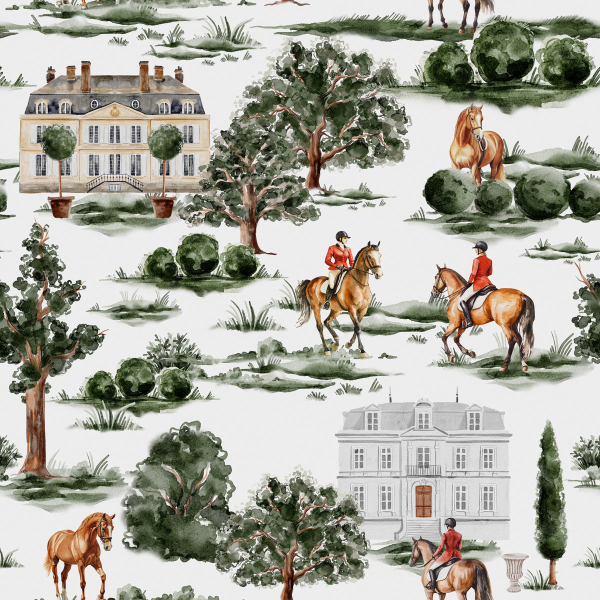 Cavaliers équestres avec chevaux et papier peint de manoir campagnard britannique