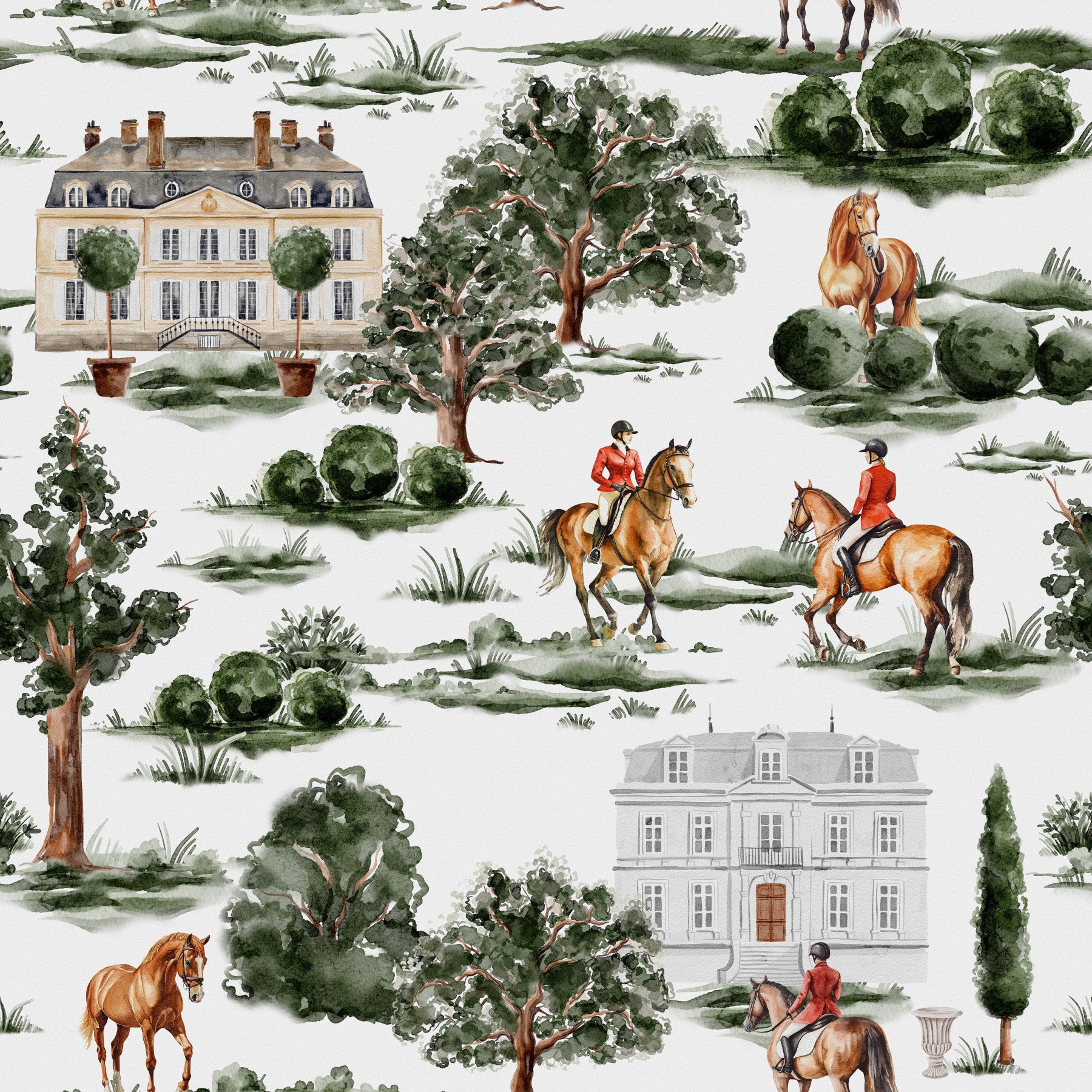 Cavaliers équestres avec chevaux et papier peint de manoir campagnard britannique in your room — zoomed