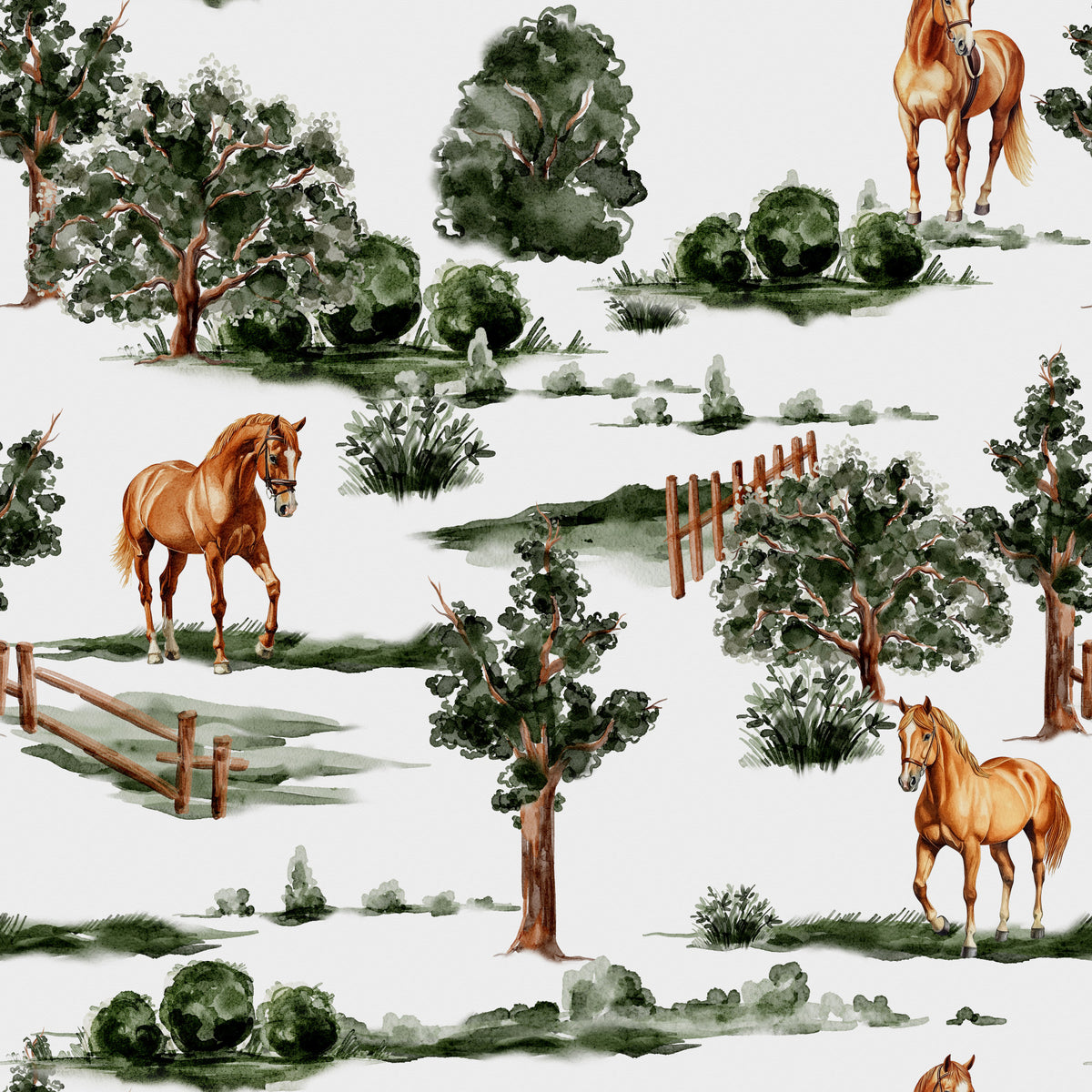 Papier peint chevaux paissant dans la campagne britannique parmi les arbres et les clôtures