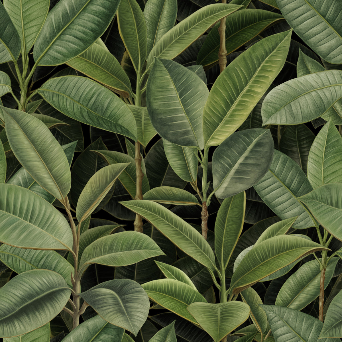 Lush Green Rubber Tree Jungle Pattern Wallpaper⁠ in your room