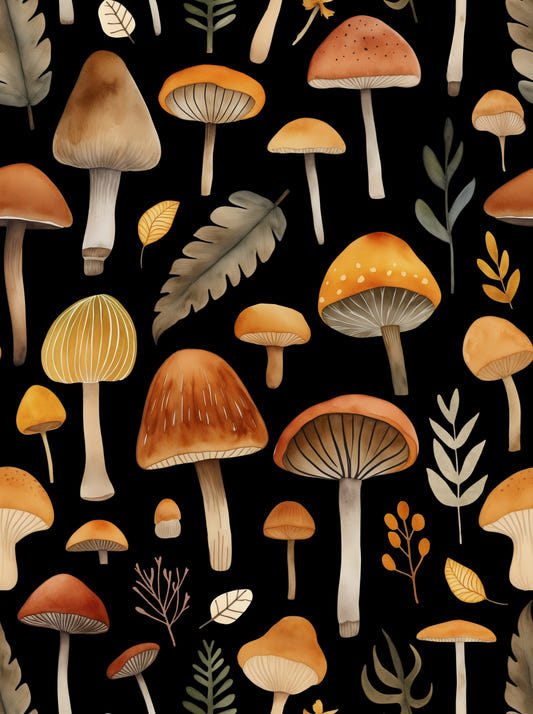 Autumn Mushrooms Forest Whimsy Watercolor Pattern Black Wallpaper⁠