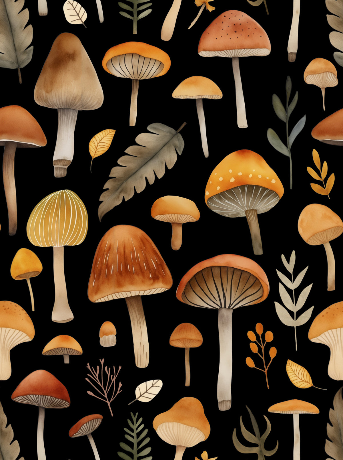 Autumn Mushroom Forest Whimsy Watercolor Pattern Black Wallpaper⁠ in your room