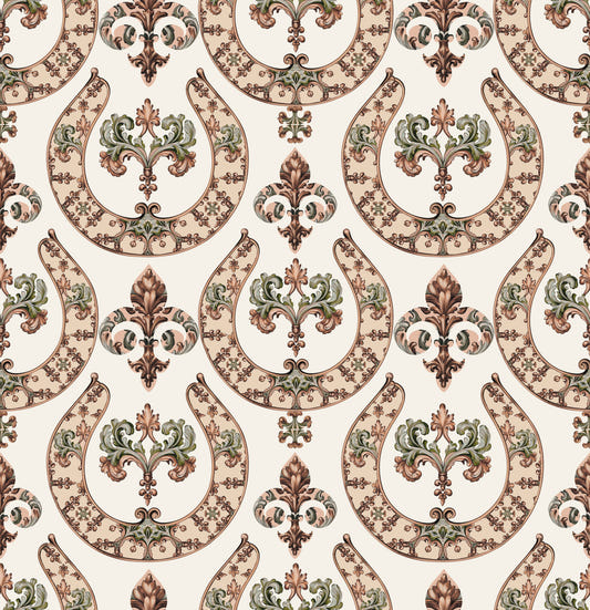 Decorative Swirl Horseshoe Equestrian Vintage Victorian Peach Green Wallpaper⁠