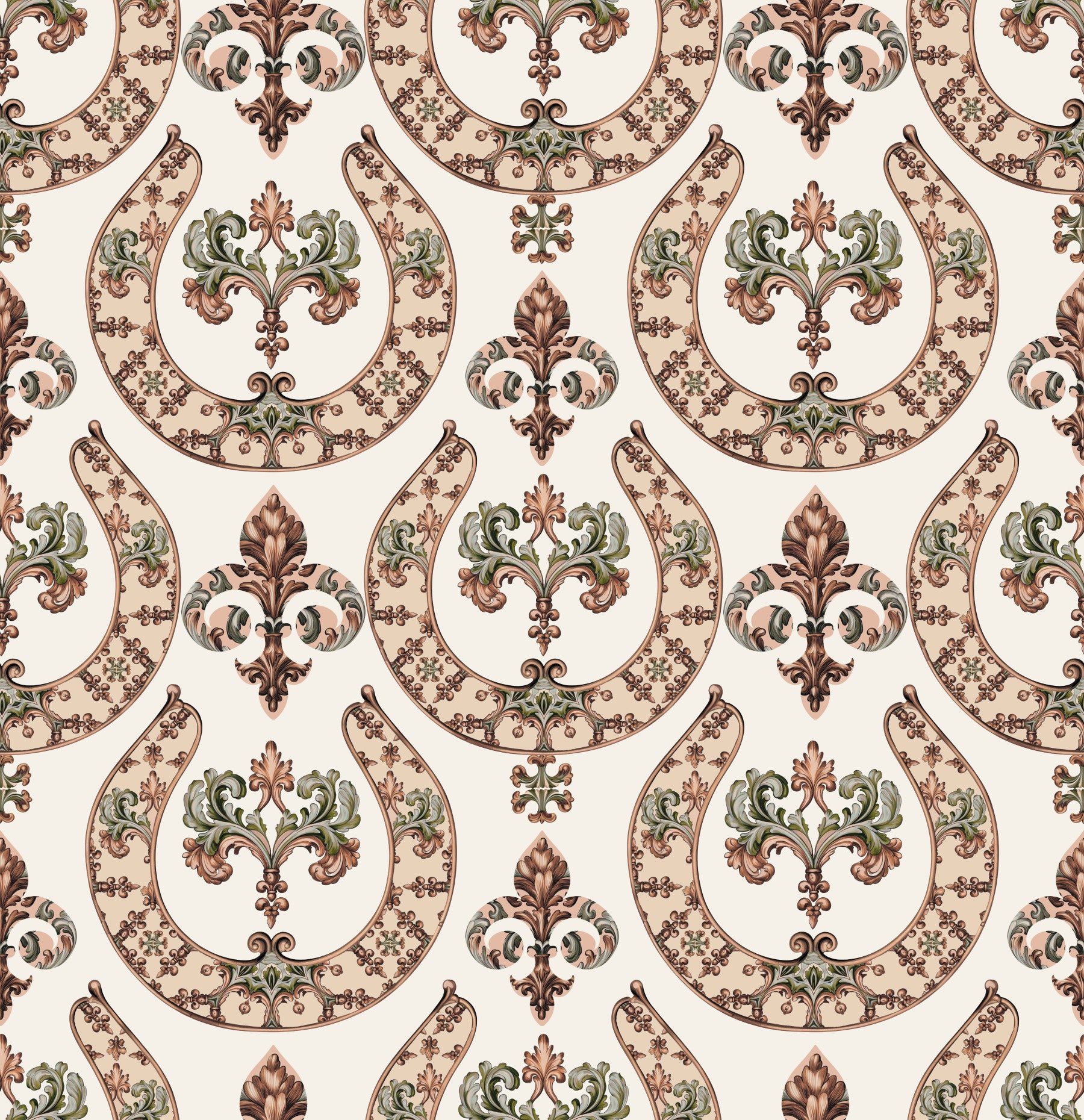 Decorative Swirl Horseshoe Equestrian Vintage Victorian Peach Green Wallpaper⁠