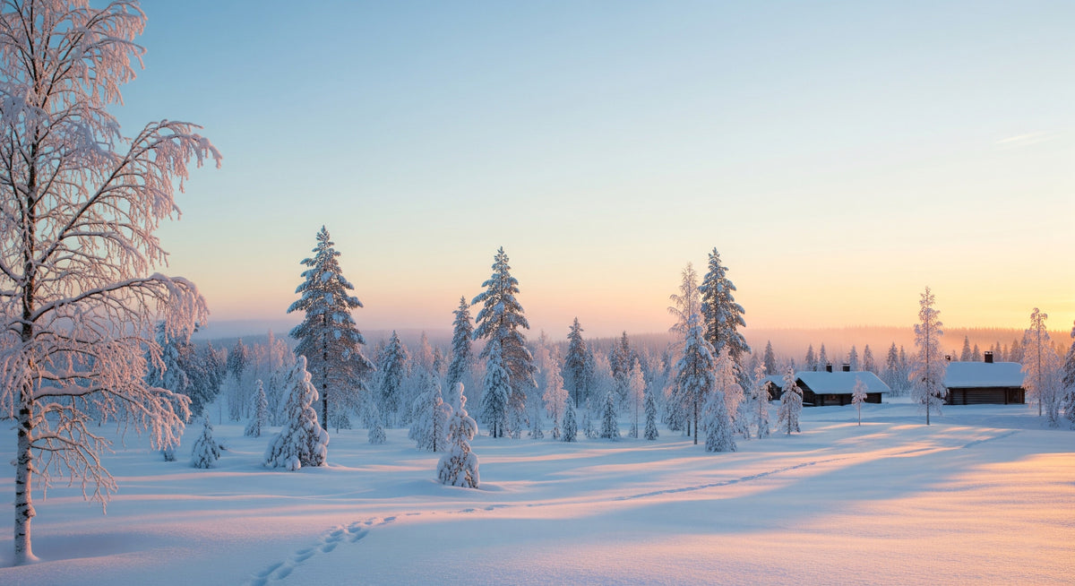 Snowy Forest Sunrise Wall Mural in your room — zoomed