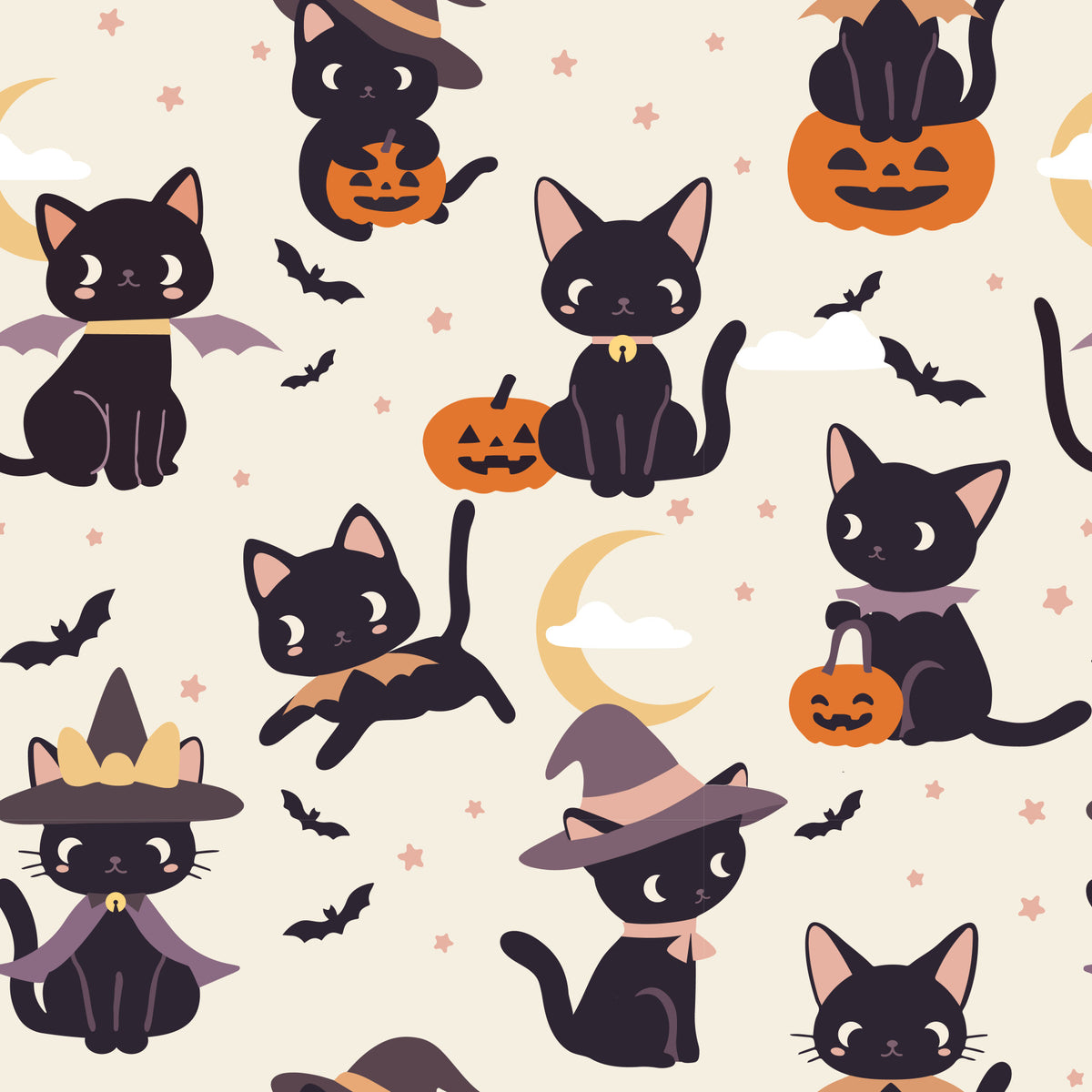Cute Halloween Witch Cats and Pumpkins Wallpaper⁠ in your room — zoomed