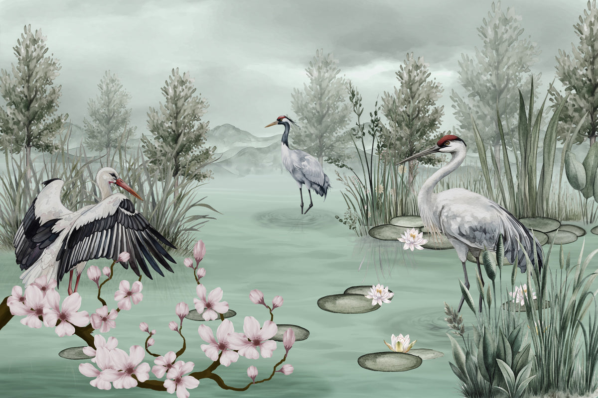 Still Waters Crane & Bloom Wall Mural in your room