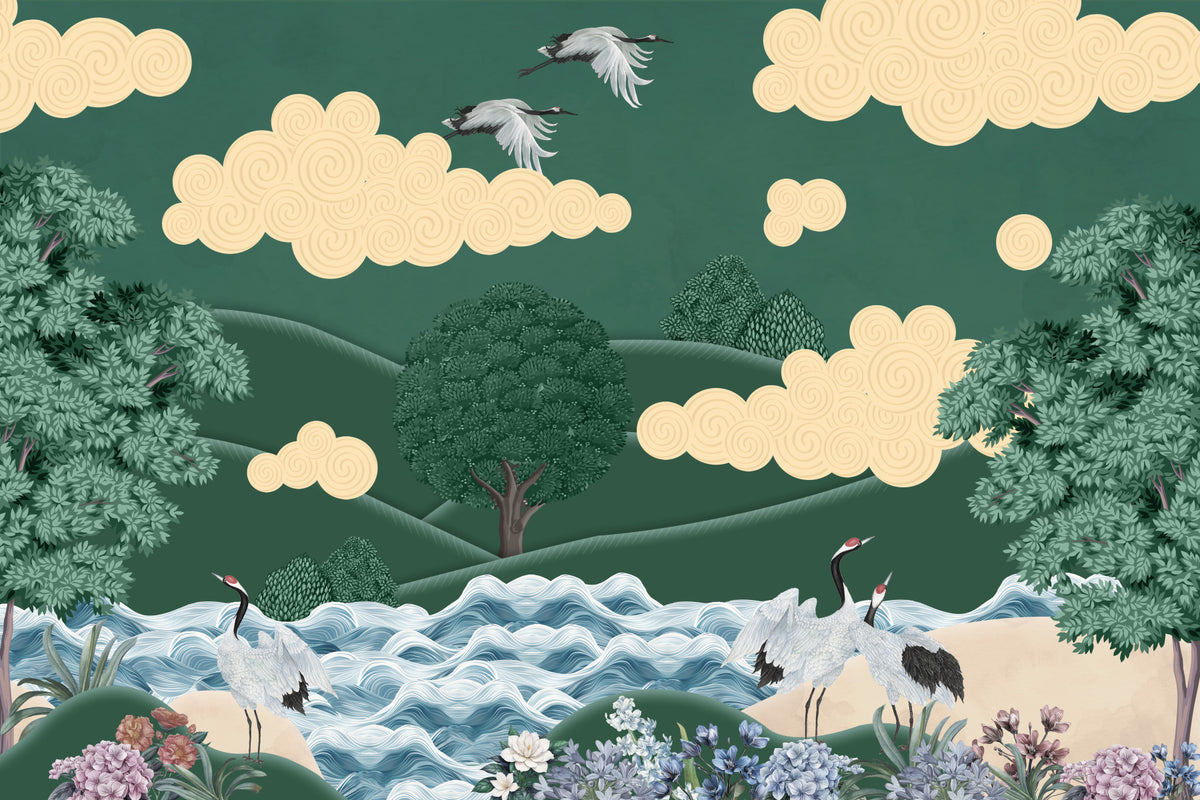Tranquil Crane Vista Wall Mural in your room — zoomed