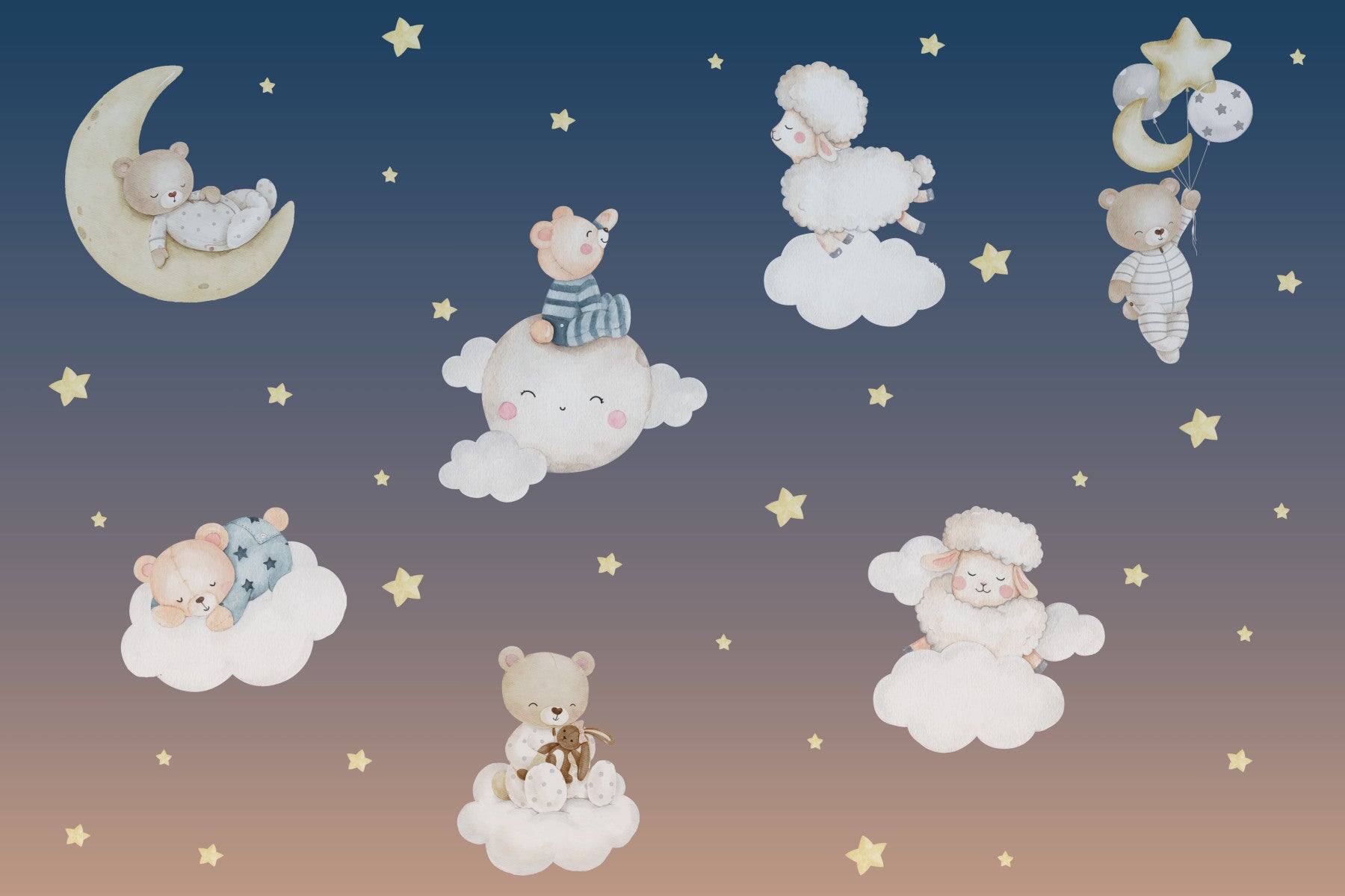 Moonlit Slumber Party Bears and Sheep Wall Mural in your room — zoomed