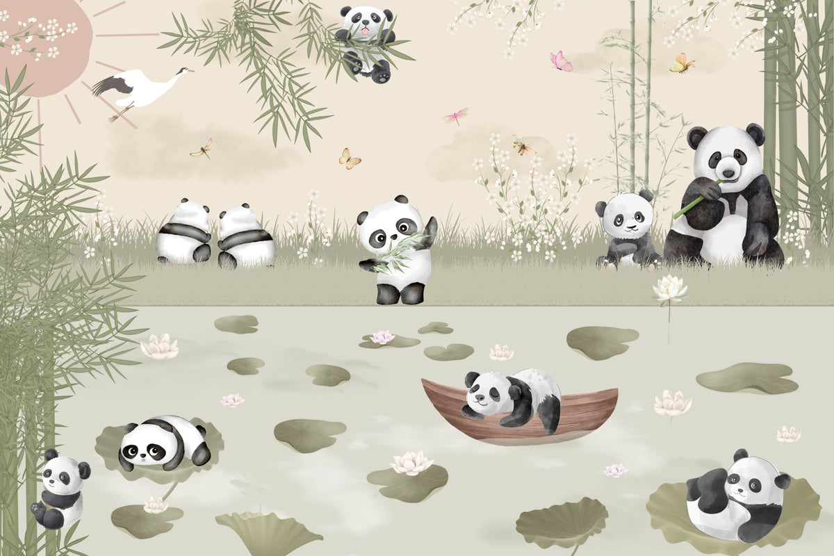 Panda Playtime Wall Mural in your room — zoomed
