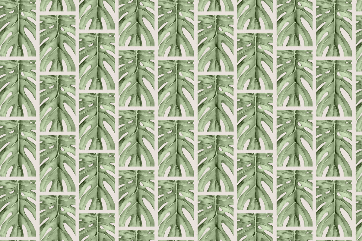 Green Monstera Squares Wall Mural in your room — zoomed