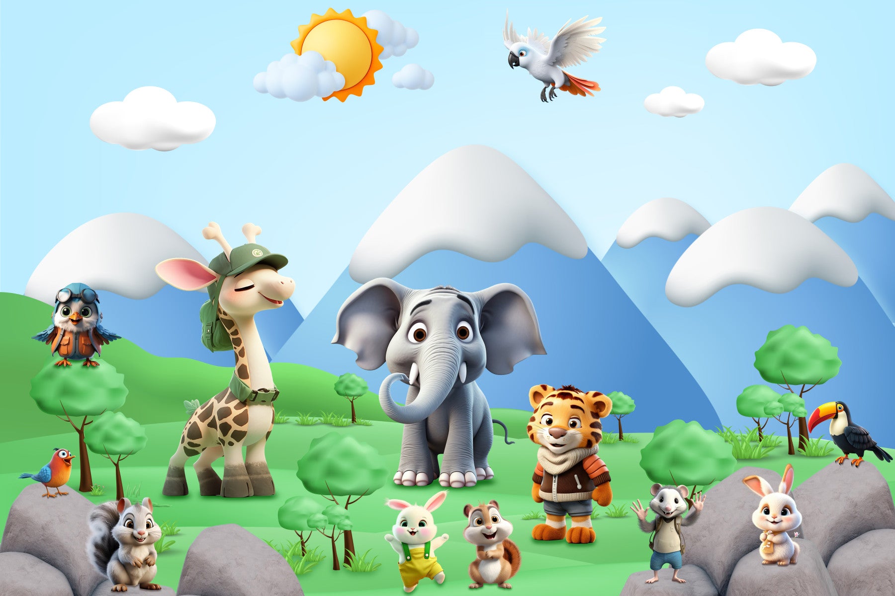 Cartoon Animals Adventure Wall Mural in your room — zoomed