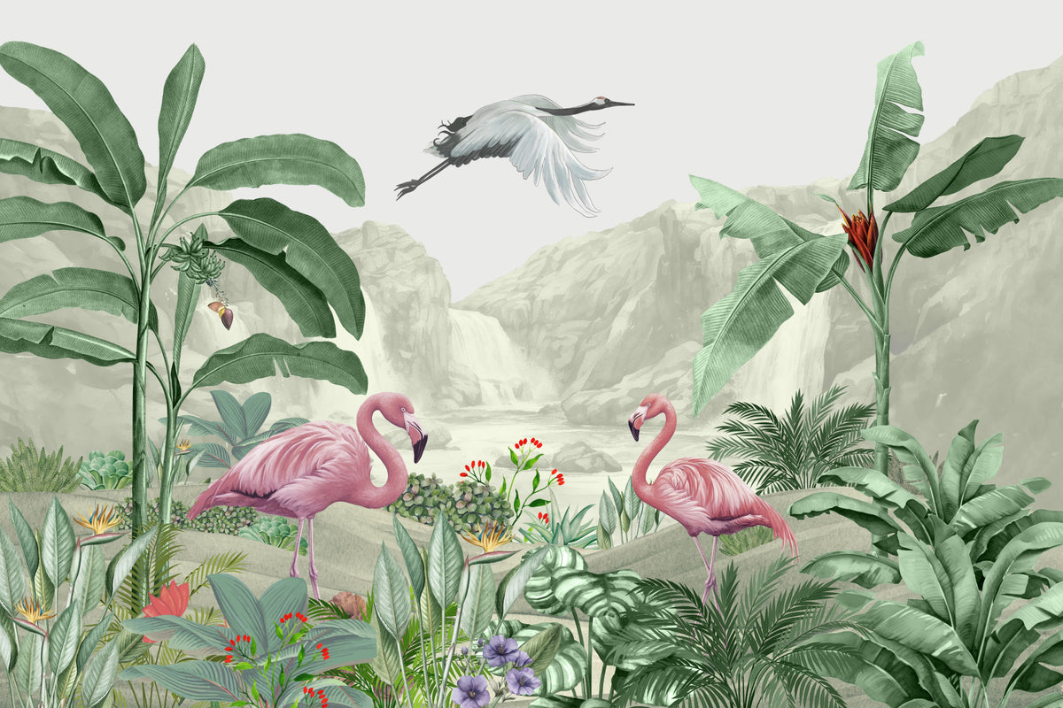 Flamingo Waterfall Dream Wall Mural