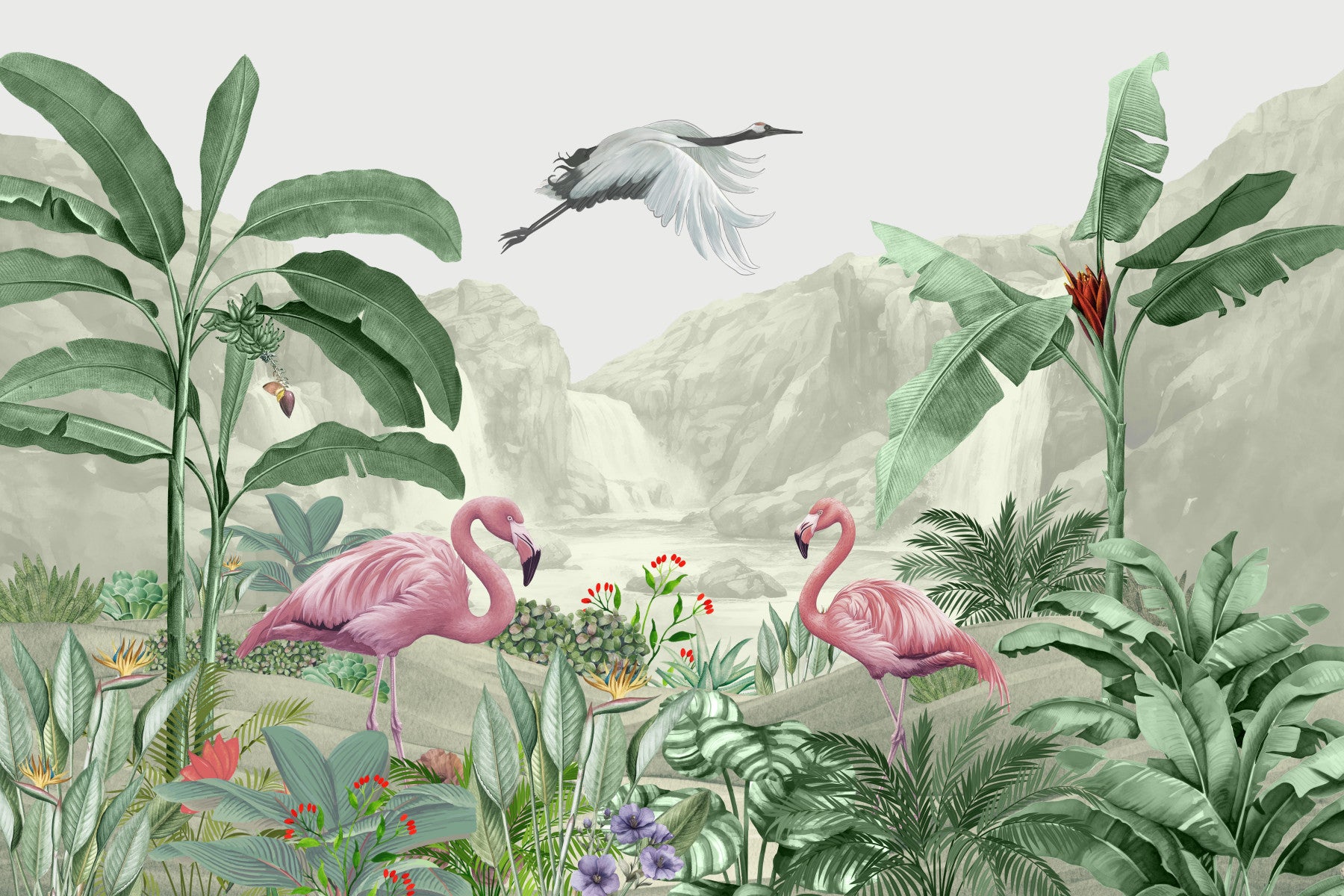 Flamingo Waterfall Dream Wall Mural in your room — zoomed