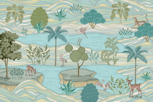 Fresque murale fantaisiste lac et faune sauvage