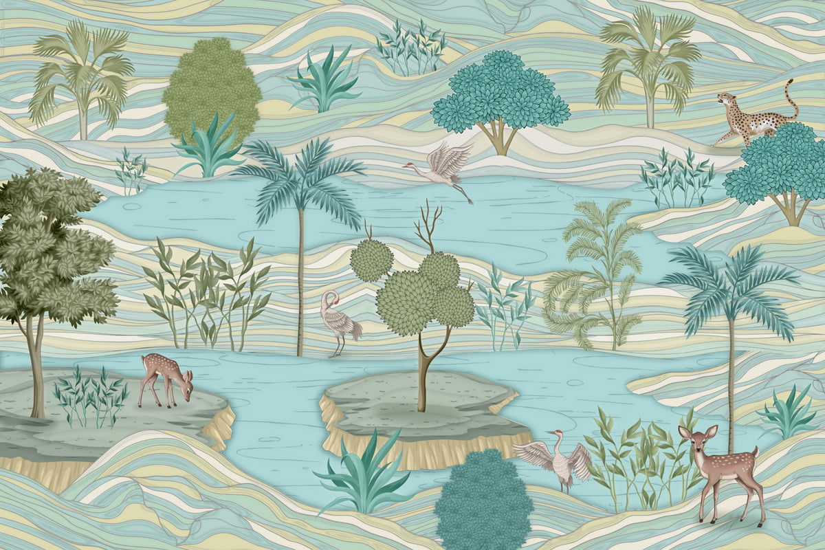 Whimsical Lake & Wildlife Wall Mural in your room