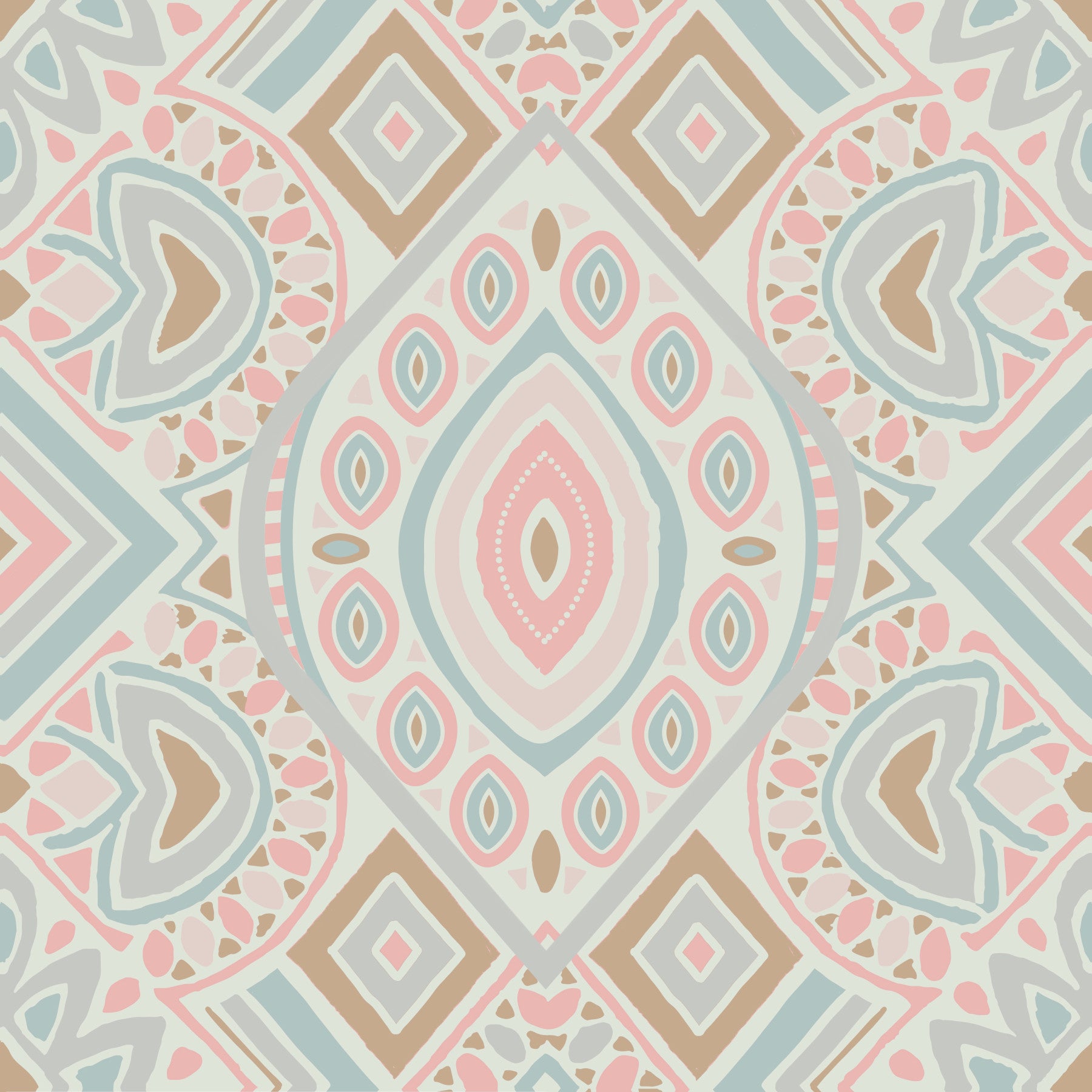 Papier peint motif aztèque bohème rose pastel et bleu