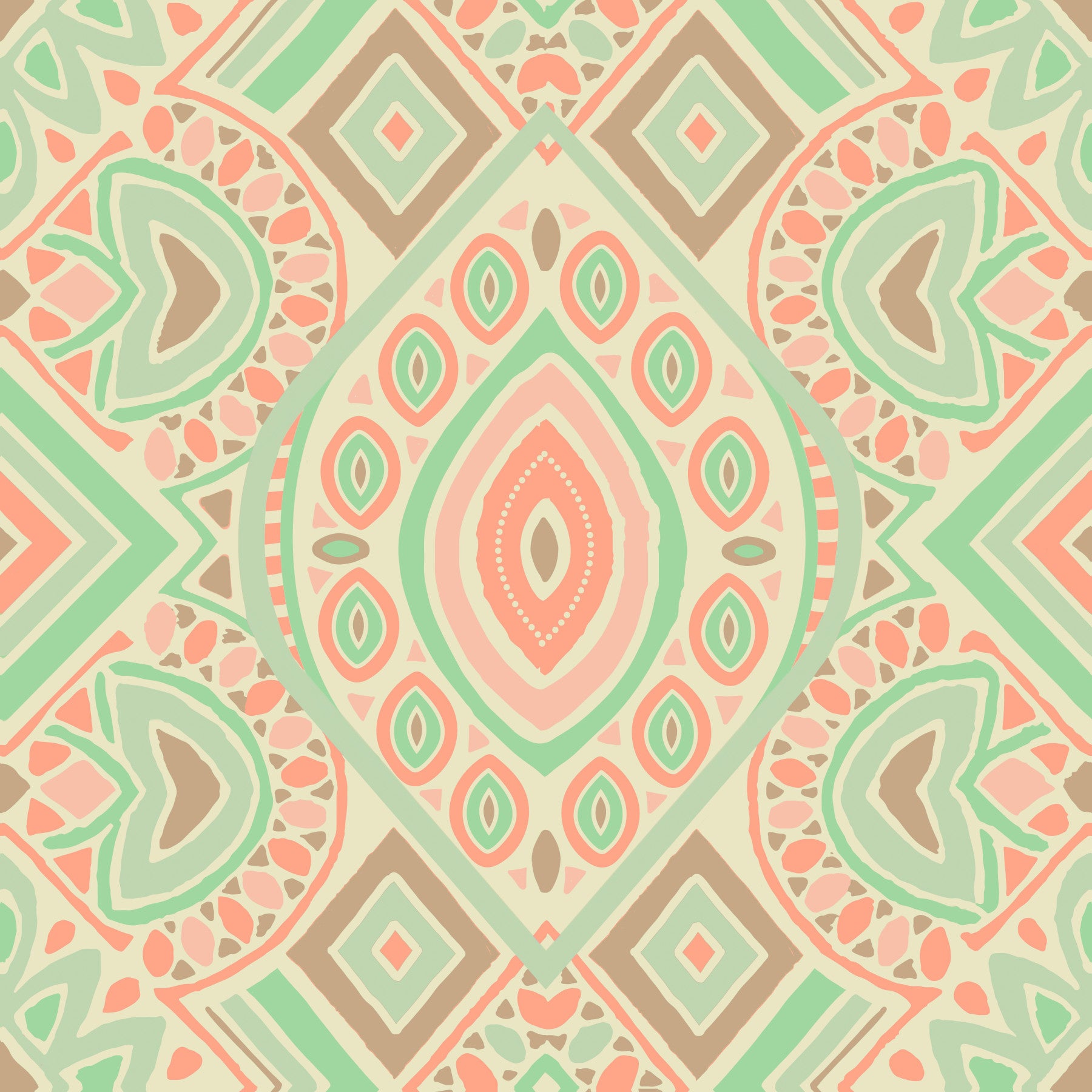 Papier peint motif aztèque bohème vert émeraude pastel