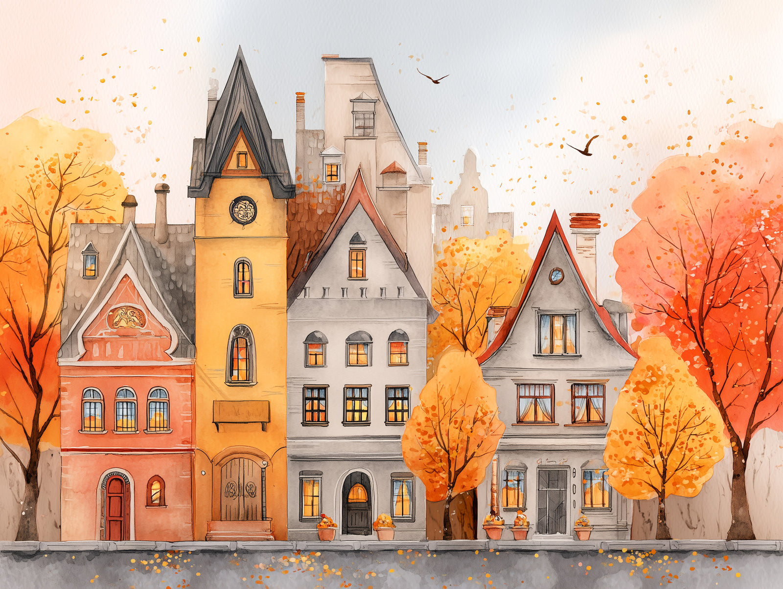 Autumn Town Watercolor Wall Mural