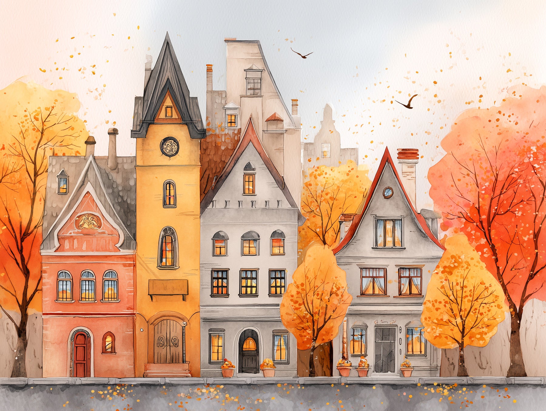 Autumn Town Watercolor Wall Mural in your room — zoomed