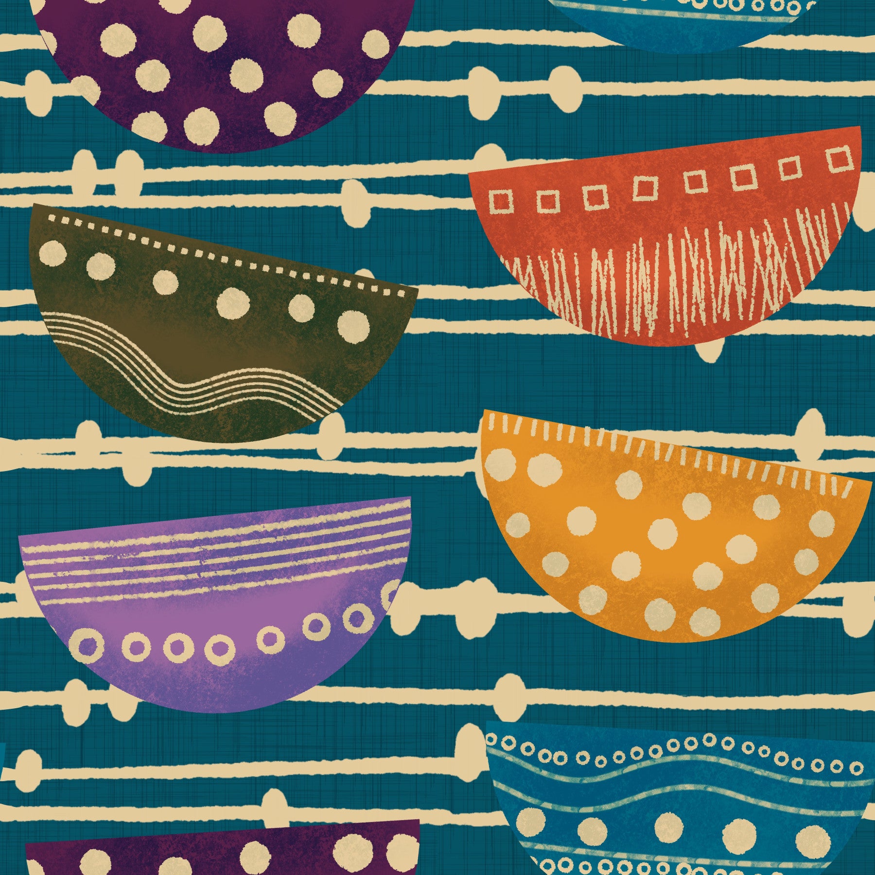 Boho Jewel Tone Retro Bowls Teal Wallpaper⁠