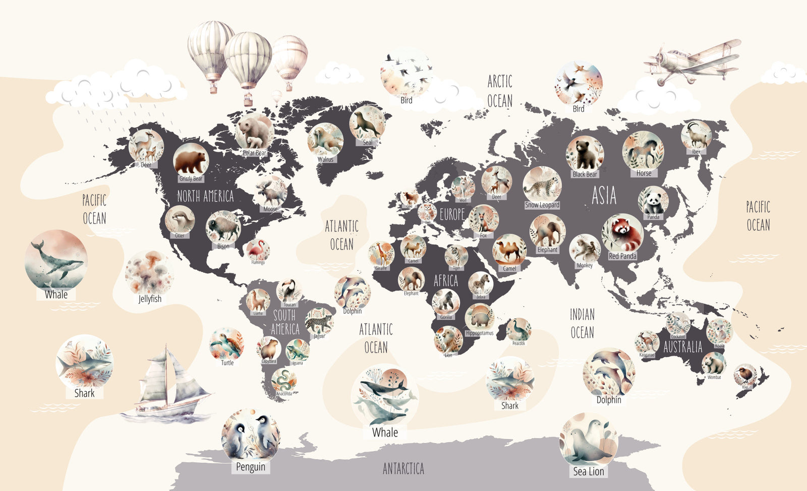 Chic Wildlife World Map Wall Mural