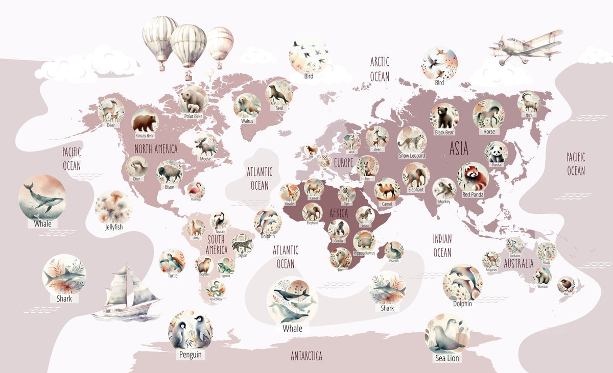 Delightful Wildlife World Map Wall Mural in your room