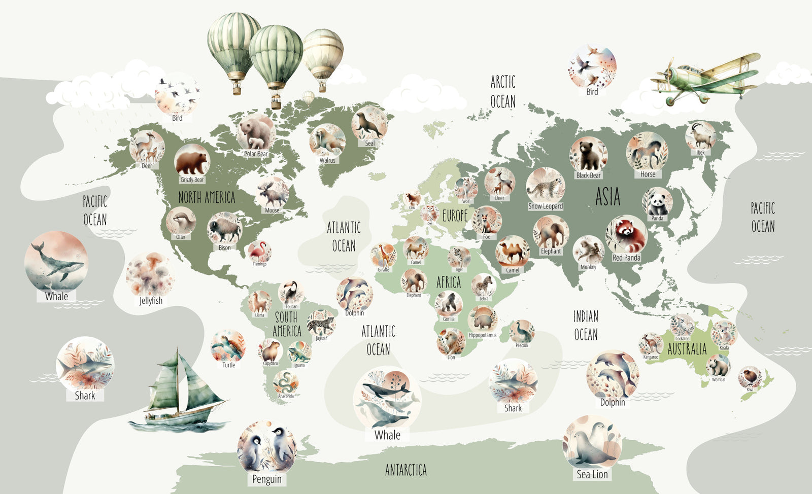 Green Globetrotter Wildlife Map Wall Mural