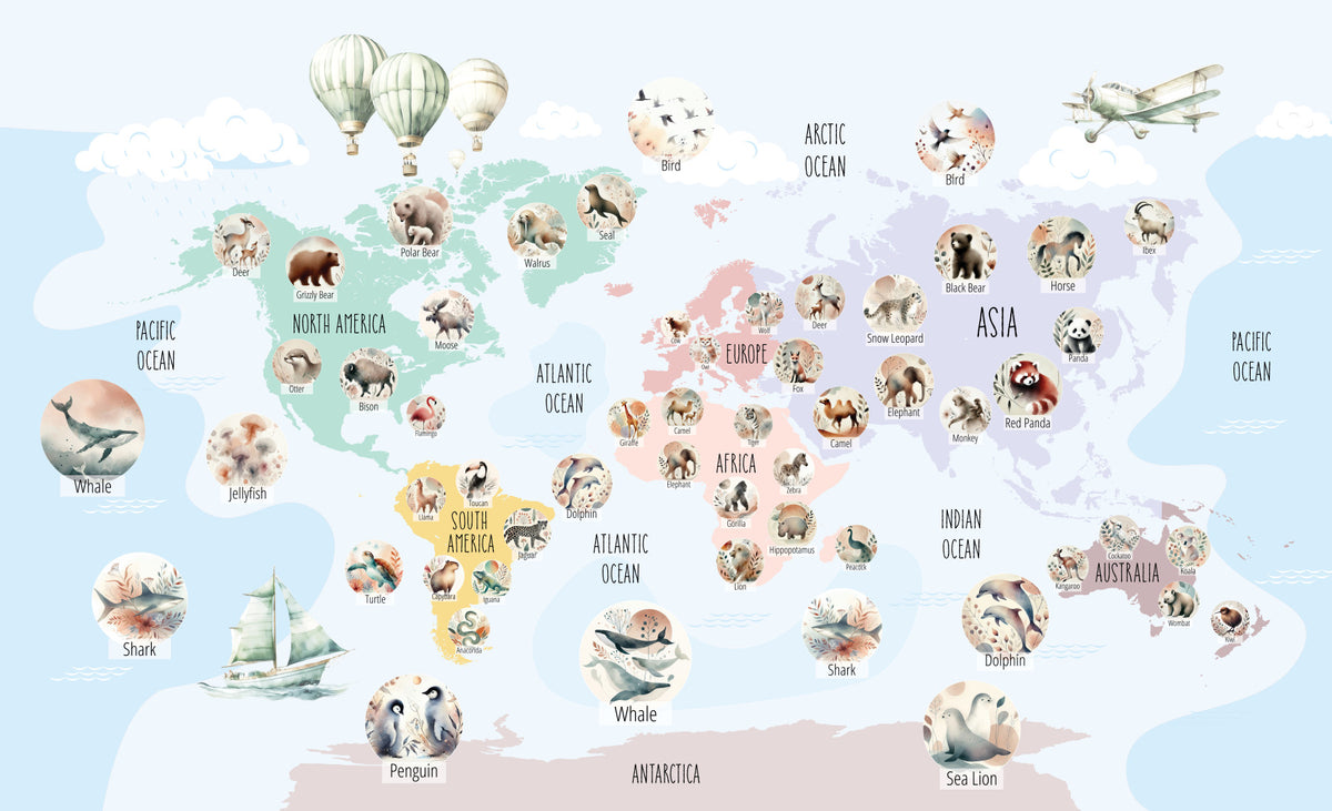 Pastel Wildlife World Map Wall Mural in your room