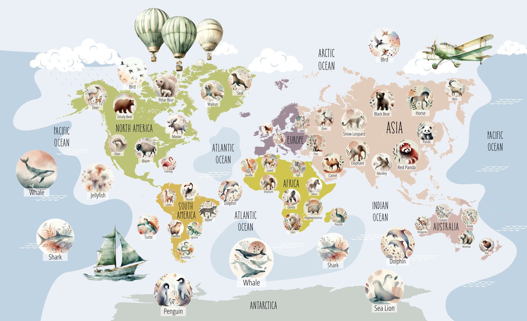 Fresque murale carte du monde animalier fantaisiste