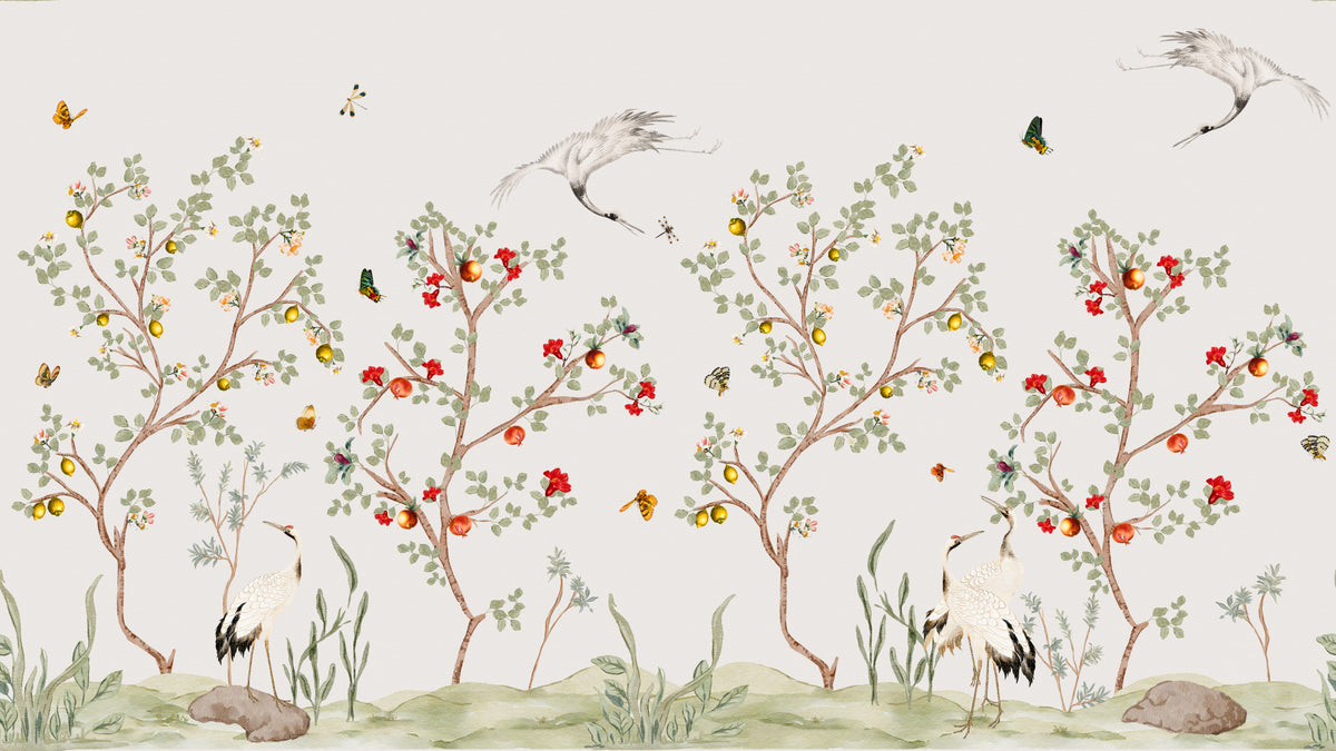 Chinoiserie Cranes in Pomegranate Lemon Grove  Wall Mural