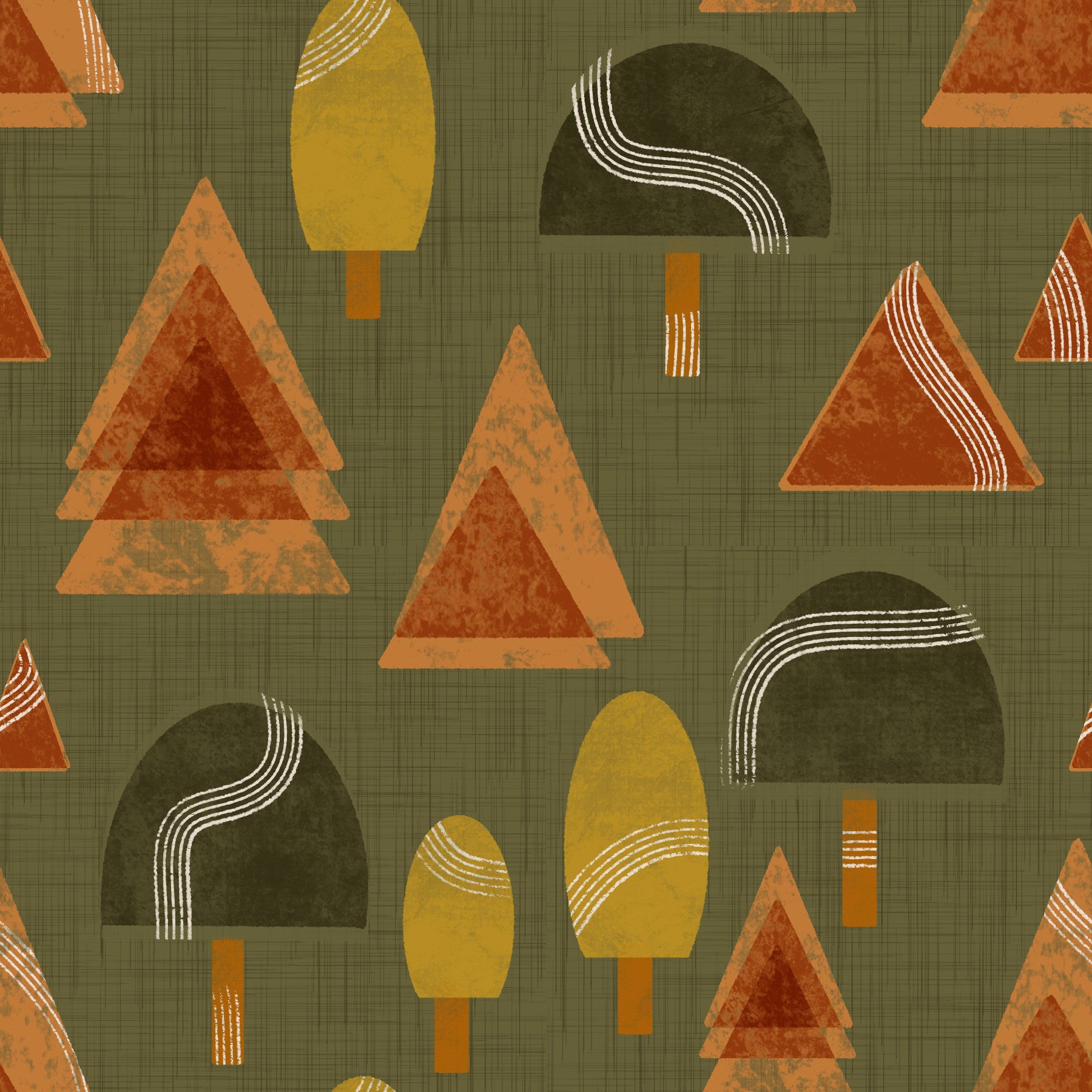 Tapisserie rétro forêt - Papier peint arbres milieu du siècle olive et rose pâle