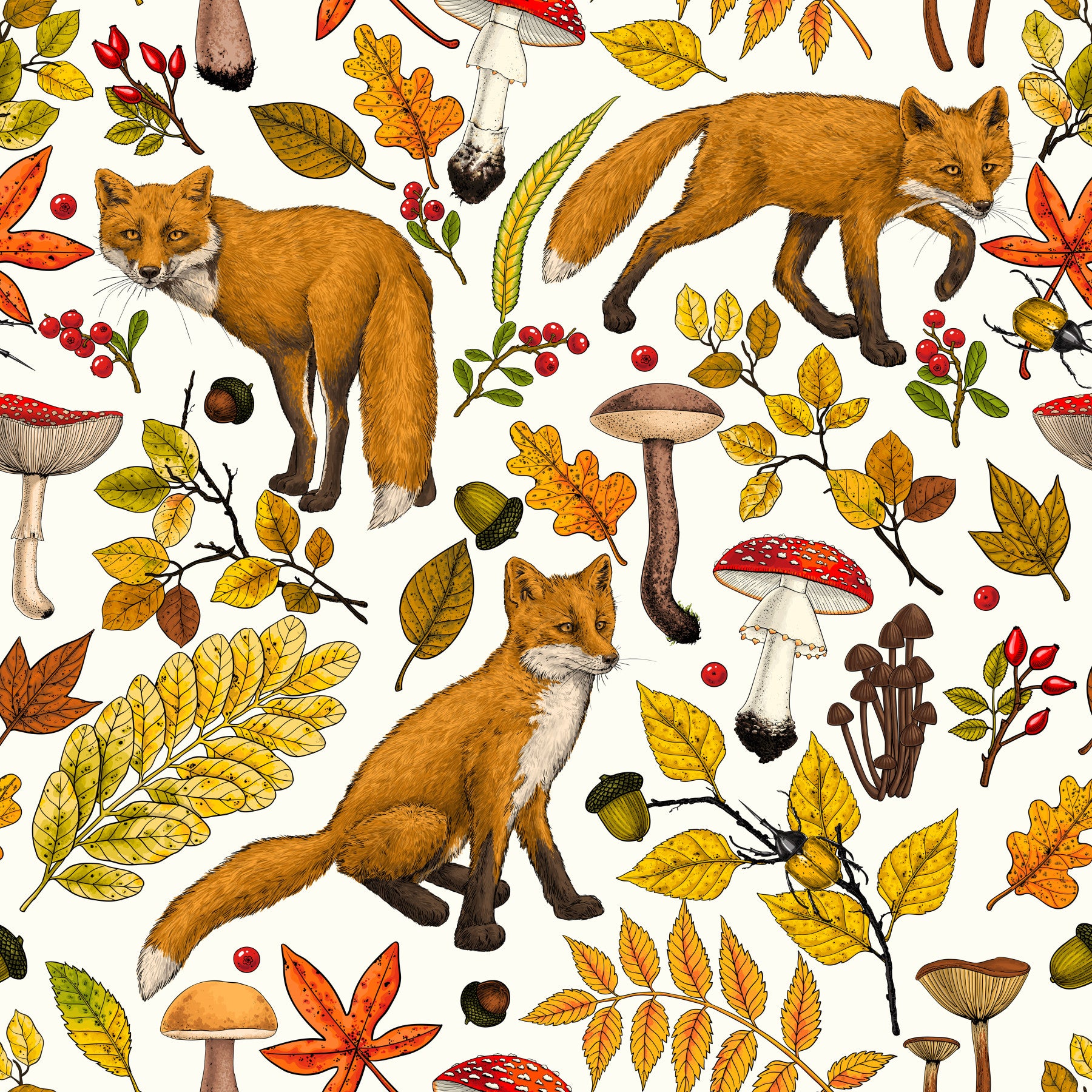 Autumn foxes on natural white Wallpaper⁠